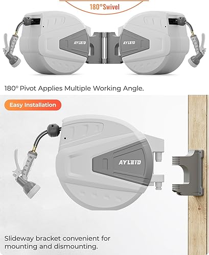 Miniatura 7 de Ayleid - Carrete de manguera de jardín retráctil, carrete de manguera montado en la pared de 12 pulgadas x 130 pies, con boquilla pulverizadora de 9