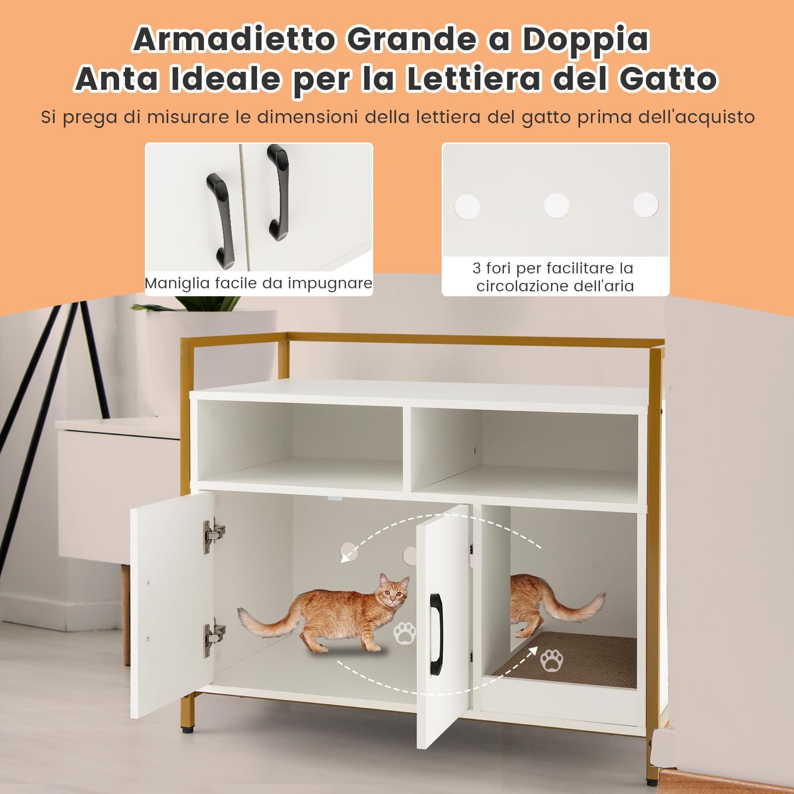 GYMAX Casetta per Gatto, Mobile Lettiera per Gatti, con Robusto Telaio in Metallo, Tiragraffi, Scaffali di Stoccaggio in Legno, Stile Industriale, 89 x 45 x 74,5 cm (Bianco)