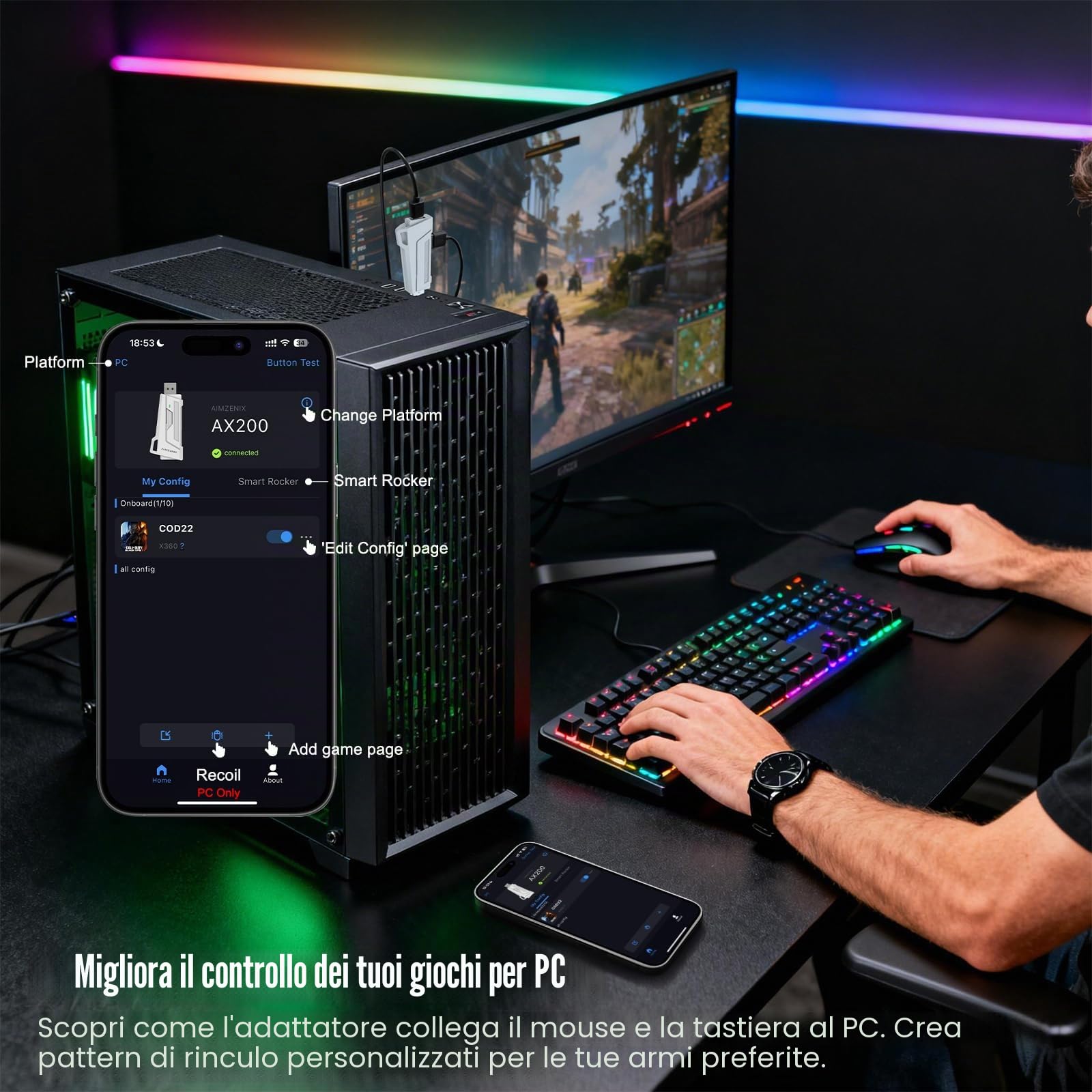 Joso AX200 Mouse Computer e Gaming Tastiera Adattatore per PC Supporto Key Mapping, Aim Assist, Recoil Control, Smart Joystick, TPS, FPS, Perfetto per APEX, Giochi COD