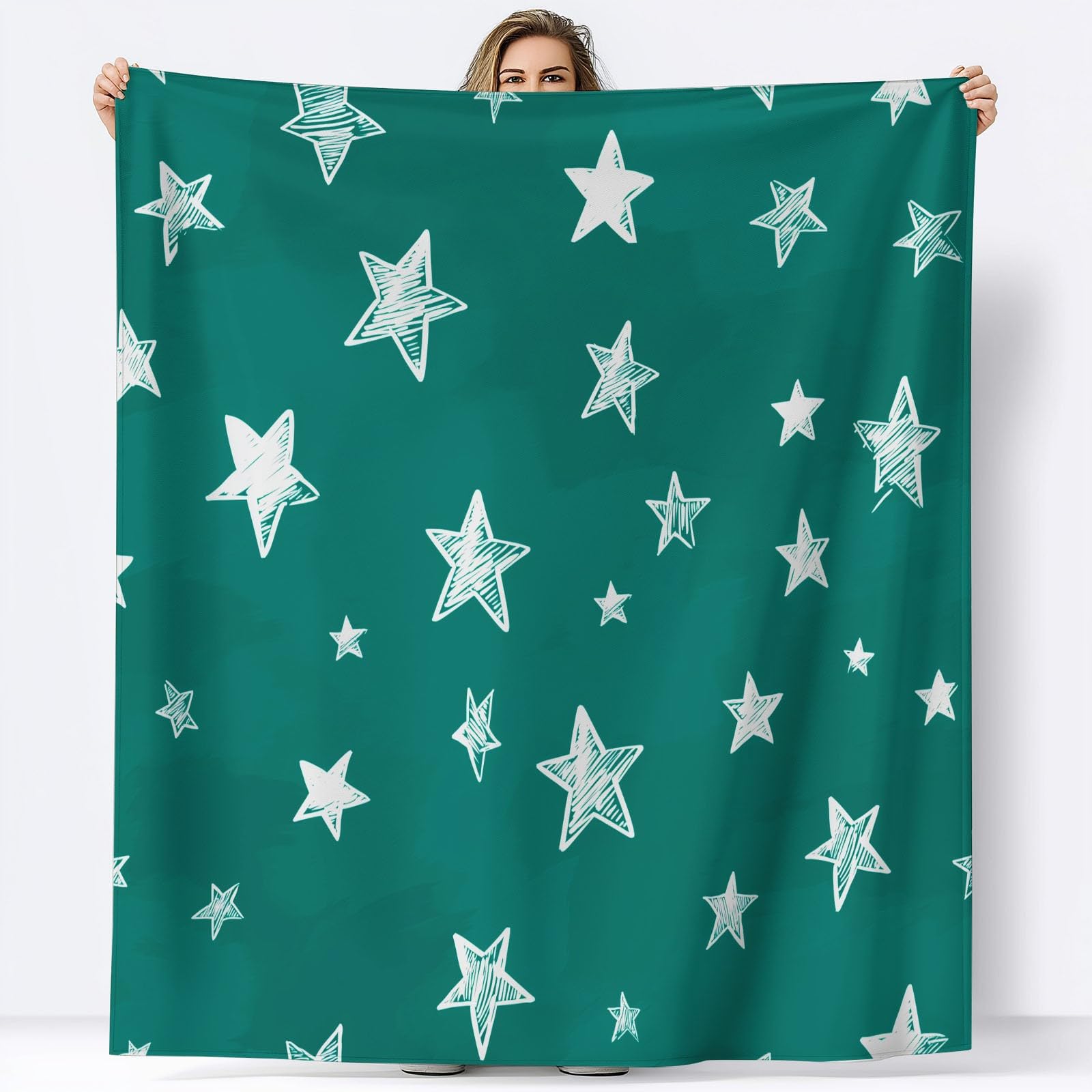 Générique Flanelowy koc polarowy ręcznie rysowane białe gwiazdy 220 x 240 cm Puszysty ciepły i miękki turkusowy koc polarowy pluszowa krata, do salonu sypialni