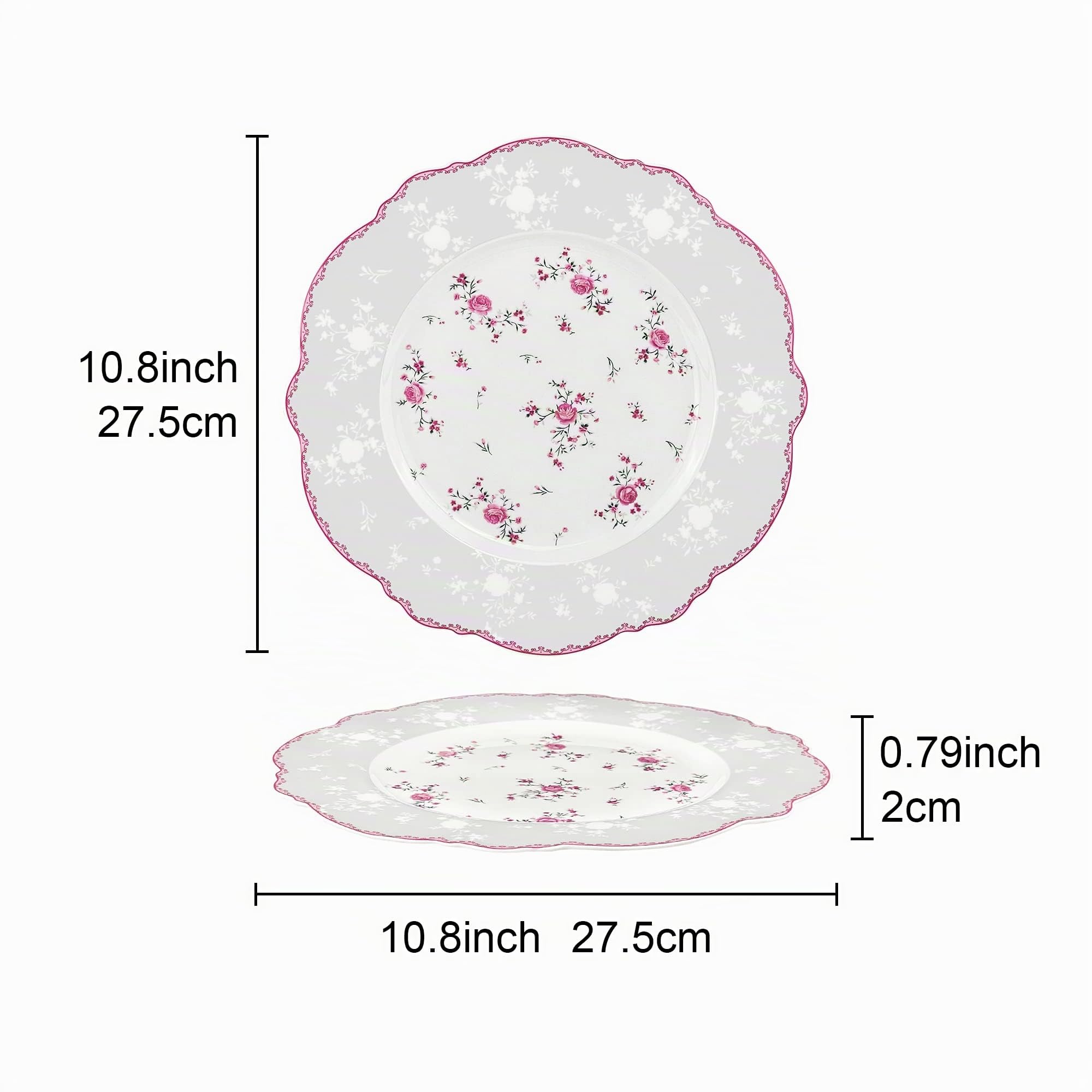 fanquare 27.5cm Assiettes Plates en Porcelaine, Grand Assiette Blanche Rose, Vintage Service de Table pour 4 Personnes