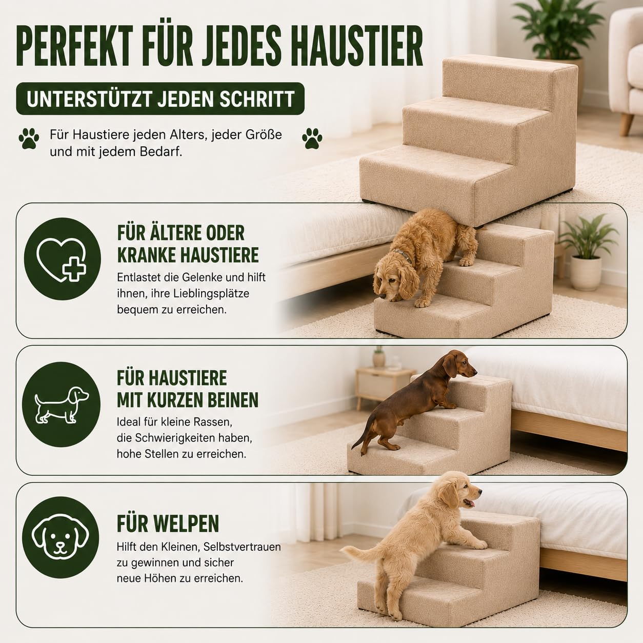 Muralo Hundetreppe 3 Stufen für Kleine Hunde, Katzen, Velvet - Flaschengrün