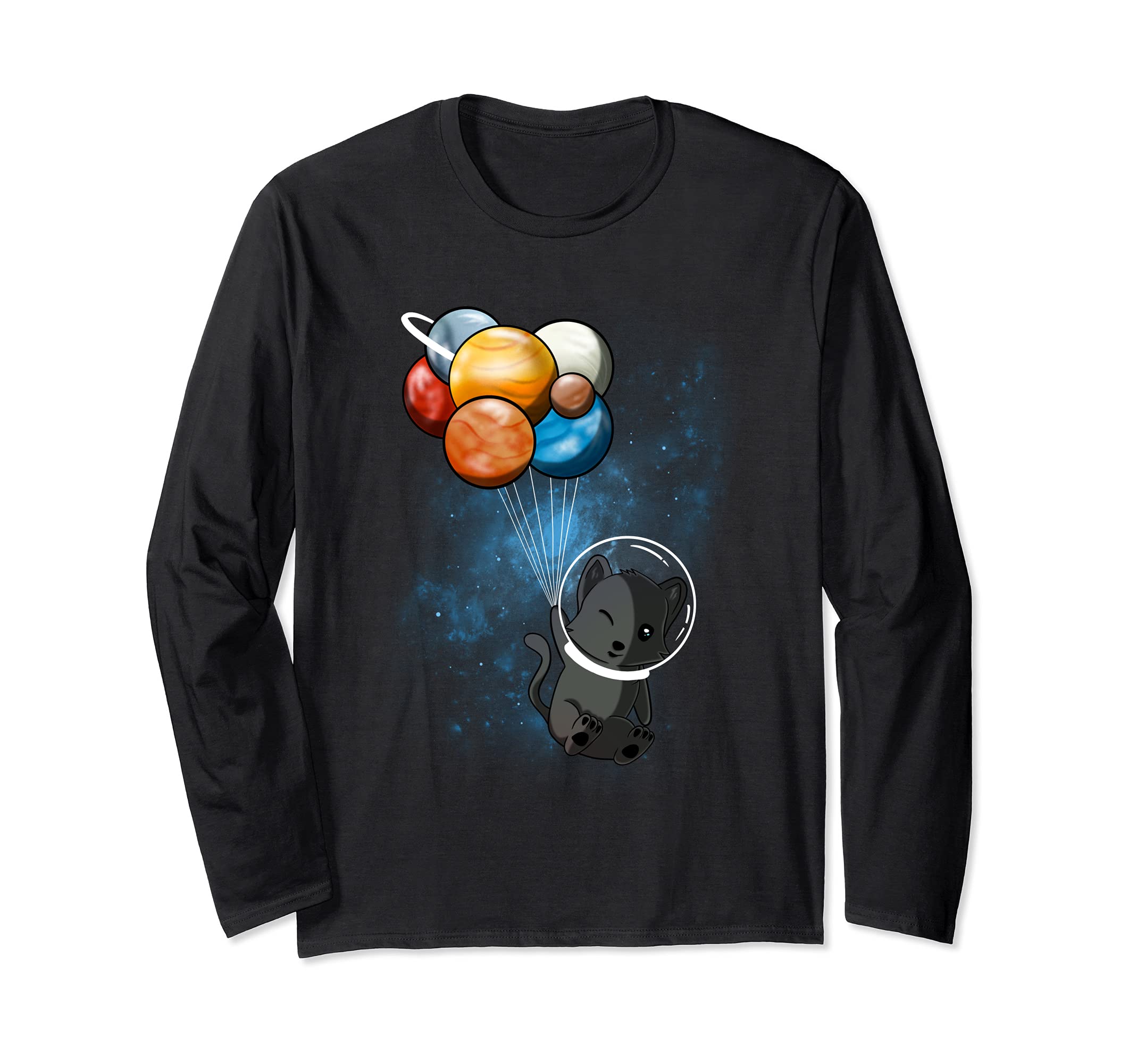 Funny Outer Space Cat Balloon Planets Space Travel Universe Long Sleeve T-Shirt, Black