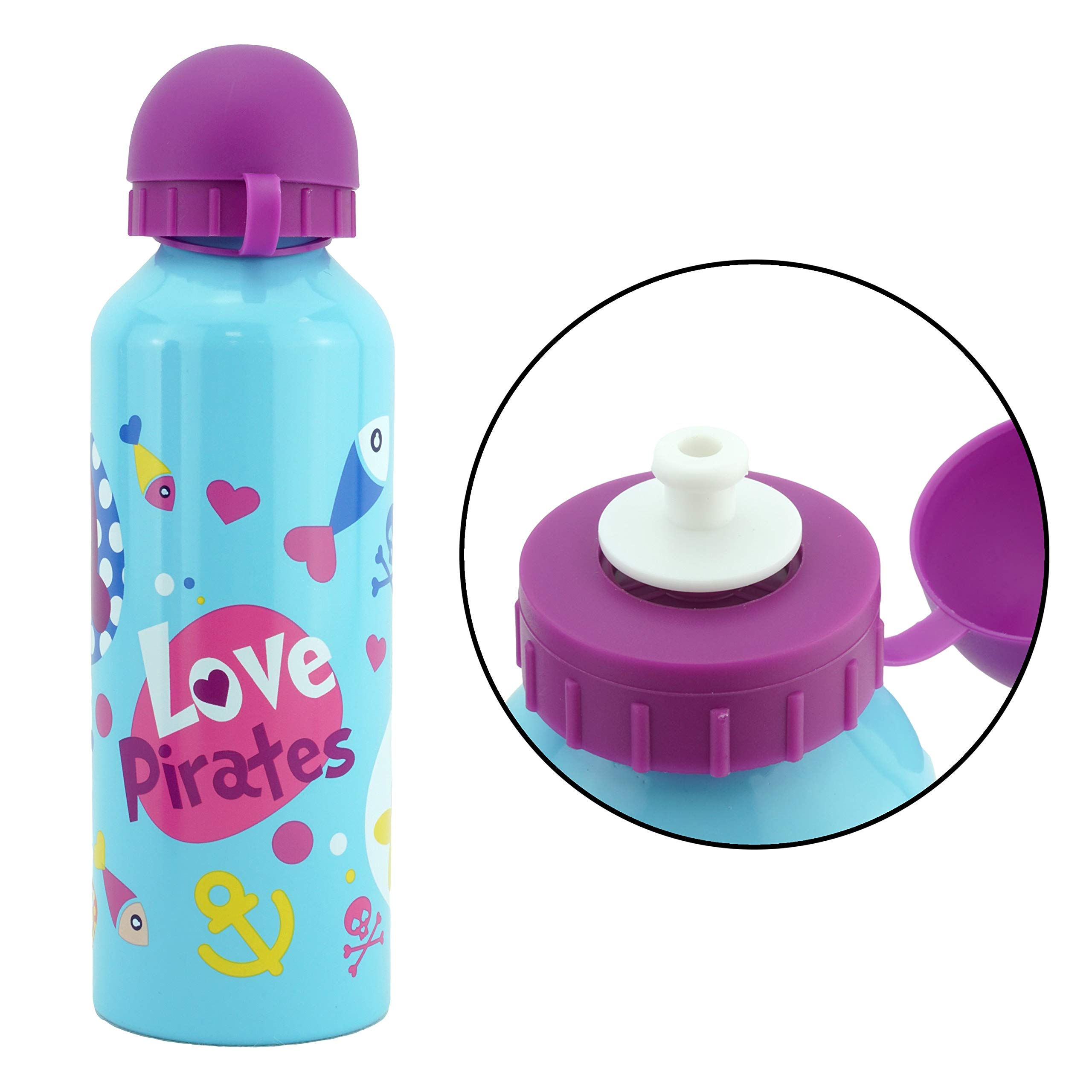 SRV Hub 500ml Love Pirates Sky Blue Kids Water Bottle - Eco-Friendly, Durable, BPA-Free & Leakproof Aluminium Flask for School, Travel, Sports, Hiking & Camping - Perfect for Girls 3+ Years