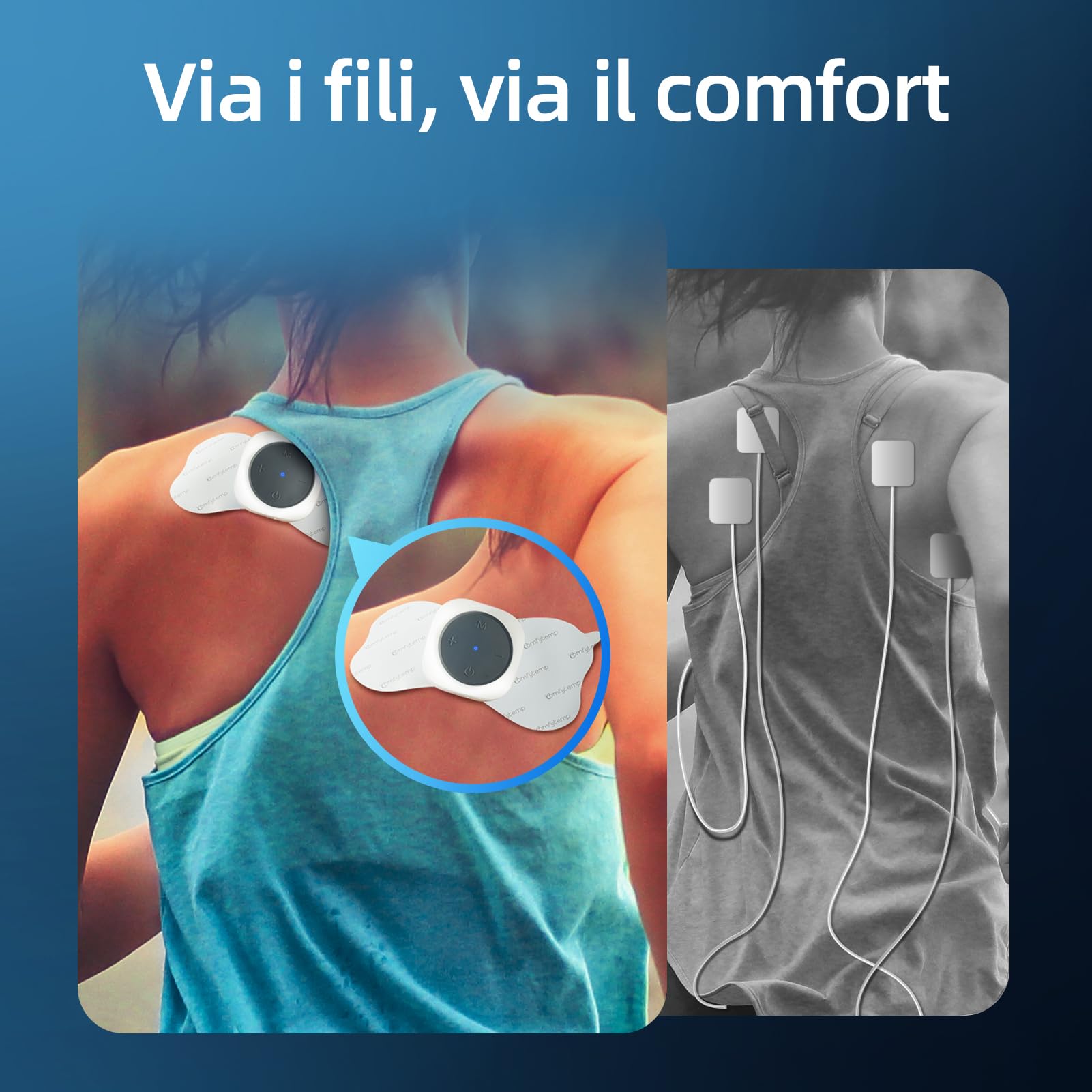 Comfytemp Elettrostimolatore TENS Senza Fili, Due Dispositivi, Fino a 30 Modalità di Funzionamento, Portatile e Ricaricabile, Adatto per la Zona Lombare e la Schiena, Controllo APP + 4 Elettrodi