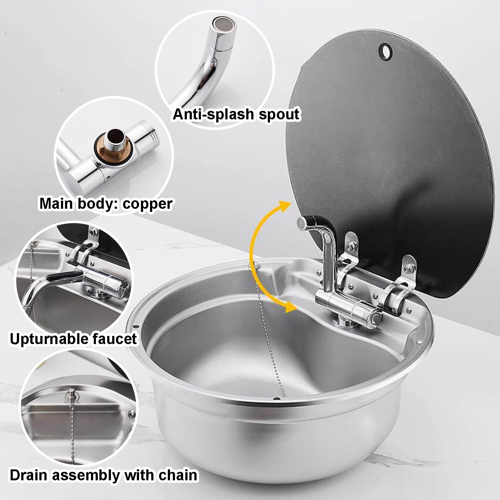 Lavello Rotondo RV 40cm, Lavello Camper a Incasso in Acciaio Inox 304, Piccoli Lavelli Cucina RV con Rubinetto Pieghevole & Pannello Fonoassorbente