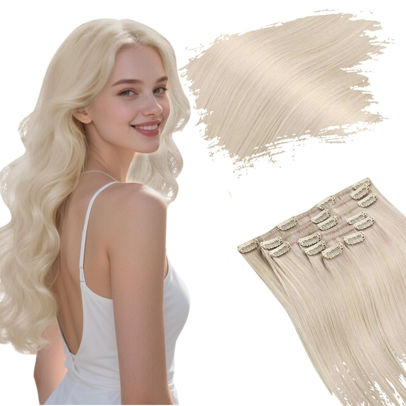 Ugeat Clip in Hair Extensions Real Human Hair 20 Inch Hair Extensions Clip ins Platinum Blonde Hair Clip on Extensions Easy to Apply 7pcs 120g