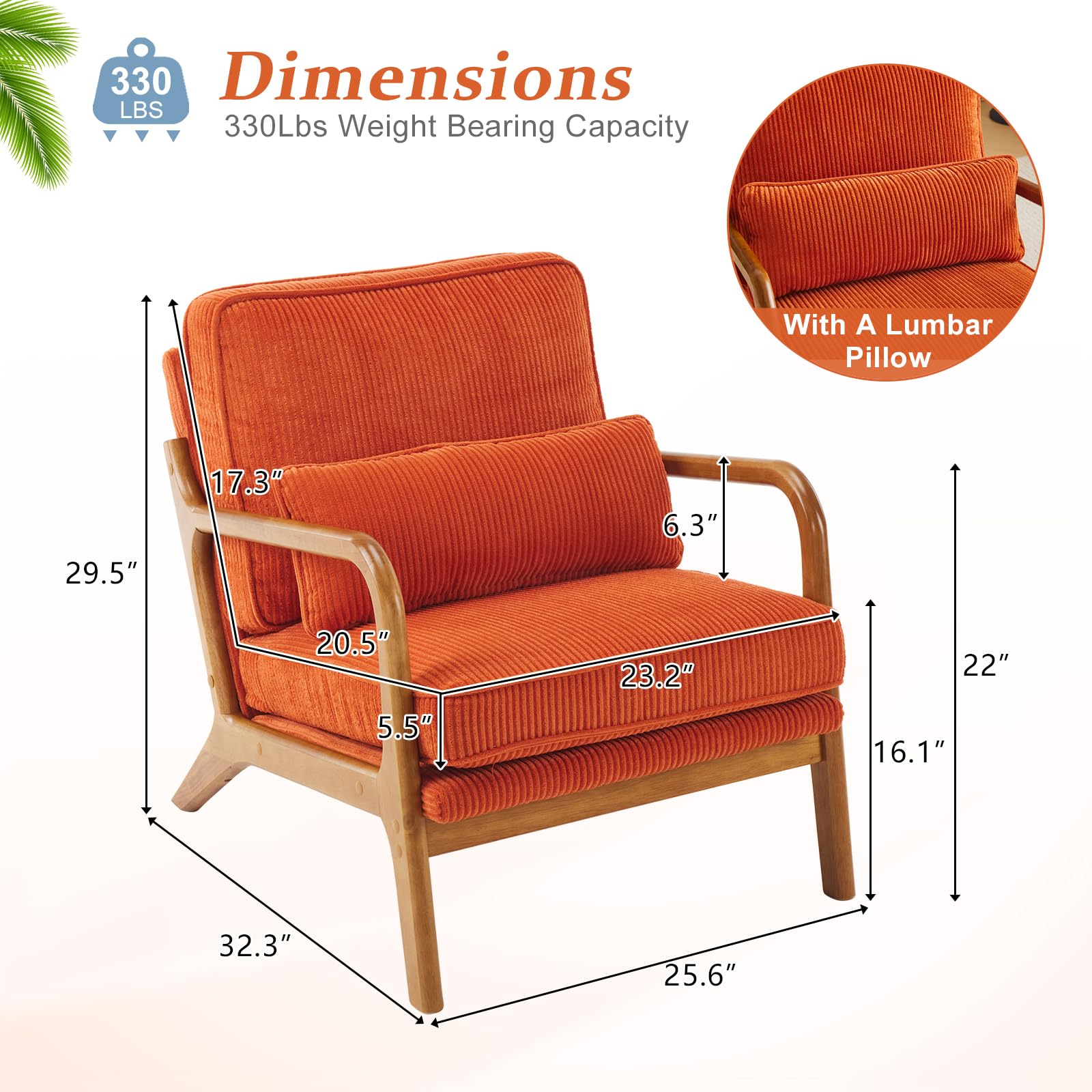 Bonnlo Sillón Butaca Individual de Salón, Estilo Nórdico Retro, Tapizado de Pana Acanalada Suave, Estructura de Madera Maciza, Cojín Incluido, 65×80×78 cm, Carga Máxima 150 kg (Naranja)