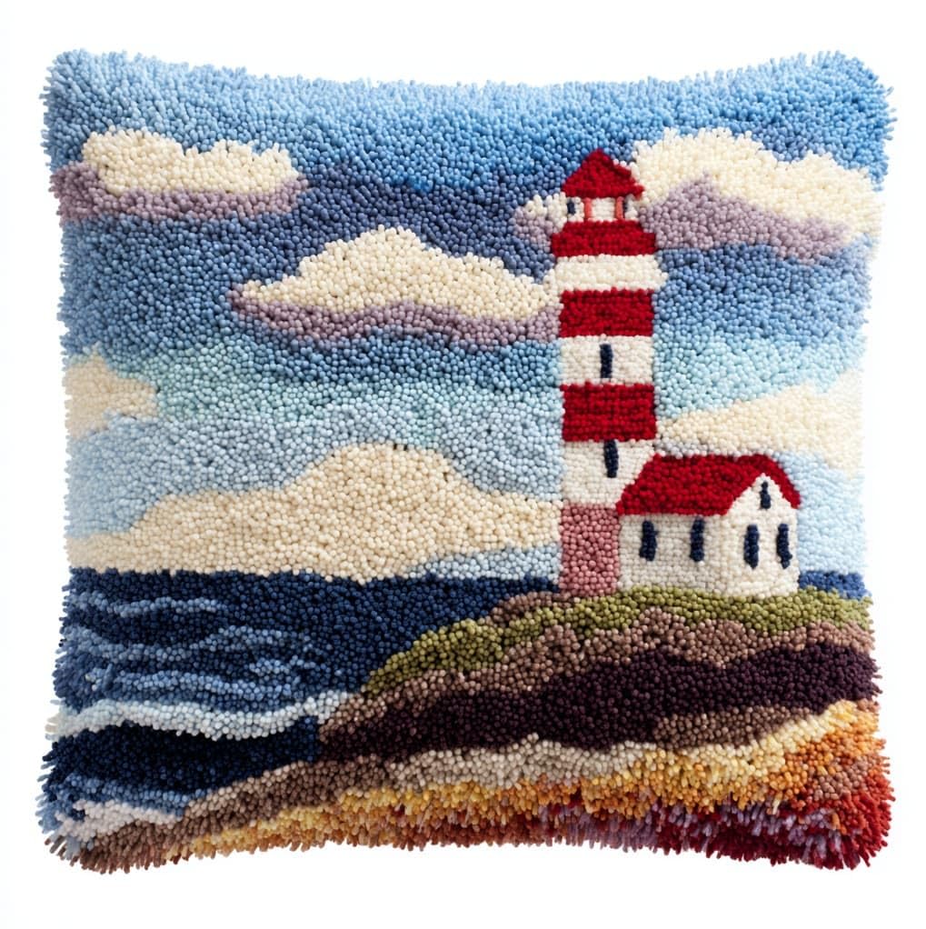 Wallustrioaw Latch Hook Pillow Case Kits,Lighthouse,Embroidery Kits Diy Latch Hook For Aadults Cross Stitch Cushion,17X17in