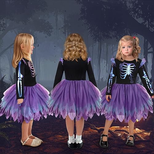 Miniatura 5 de Disfraz de esqueleto de Halloween para niños, vestido tutú de esqueleto para niña, disfraz de esqueleto reflectante para niñas