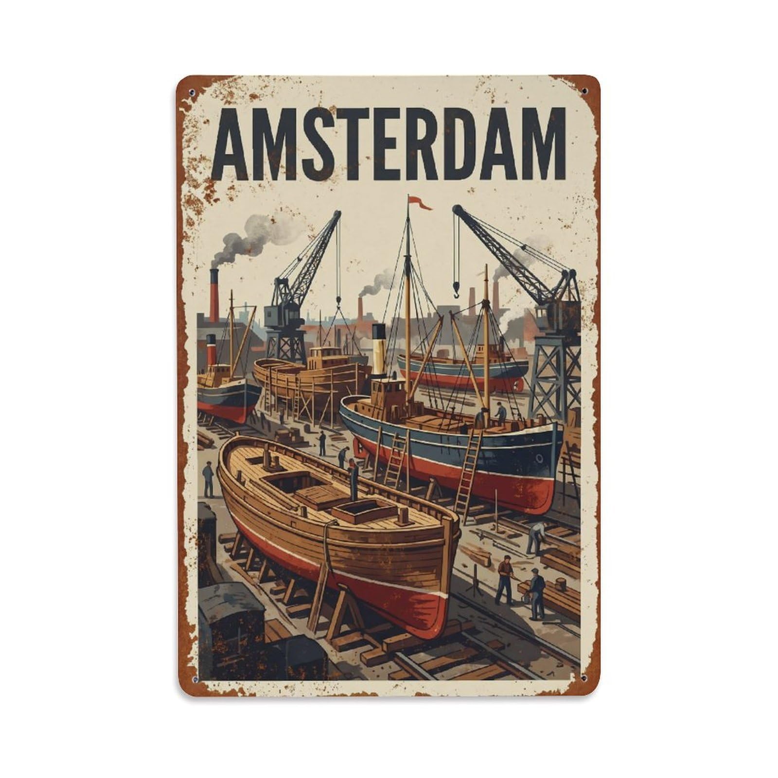 Amsterdam Historic Shipyard Waterway Classic Tourism Metal Tin Sign Plaque Wall Decor for Cafe, Man Cave, Club Bar, Office, Home Garden Round Metal Poster 8x12Inch