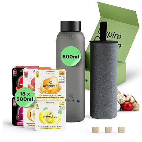 waterdrop® Glass Starter Set – 600ml Borosilicate Glass Bottle + 18 Sugar-Free Microdrink Hydration Cubes in 6 Flavours, Vitamin C & B Infused, BPA Free Water Bottle, Gift Set - Black