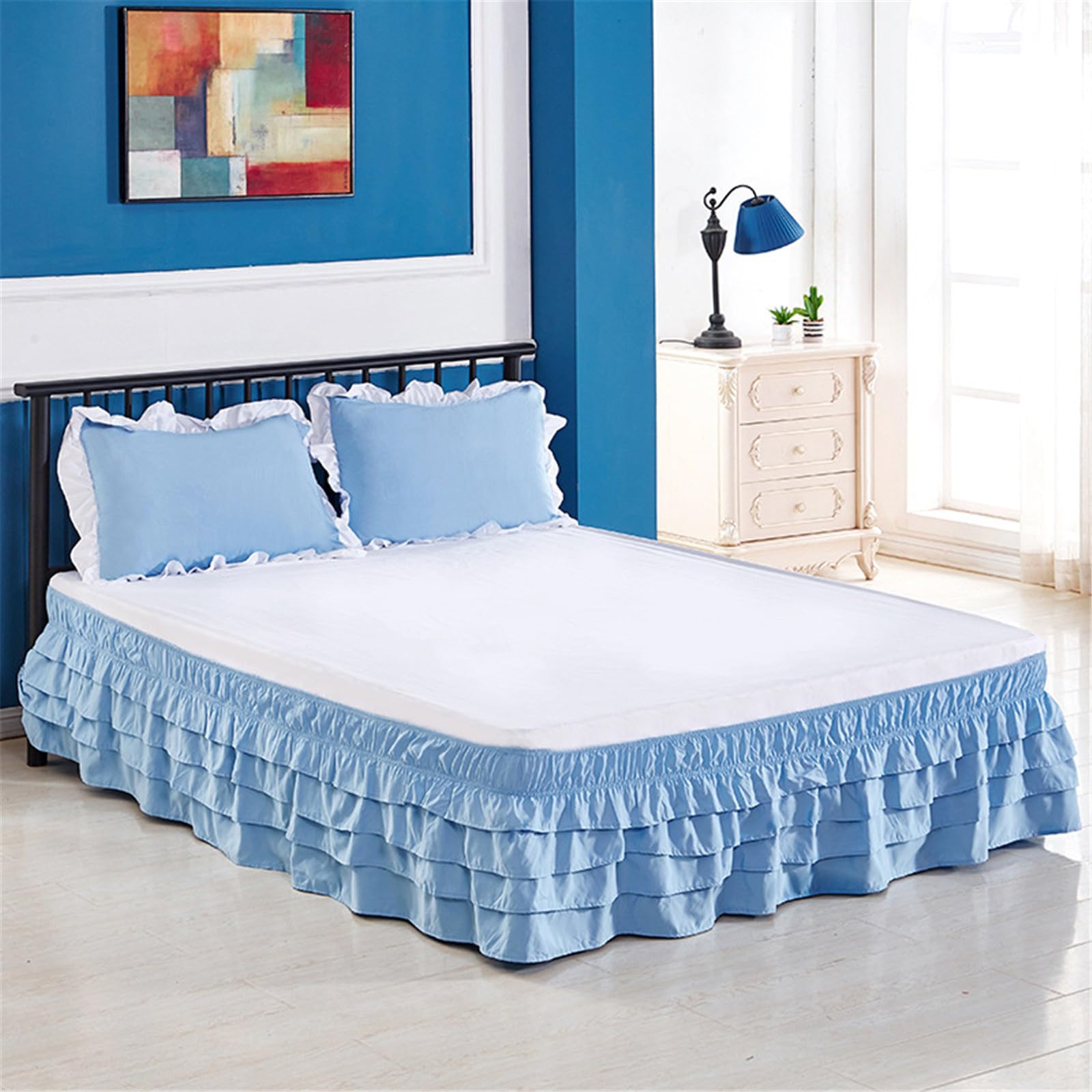 Surwin Pleated Bed Valance Sheet Single Double King, Princess Bed Base Wrap Extra Deep Frilled Fitted White Valance Sheet Easy Care Bed Skirt Soft Microfibre Breathable (200x200x45cm,Blue)