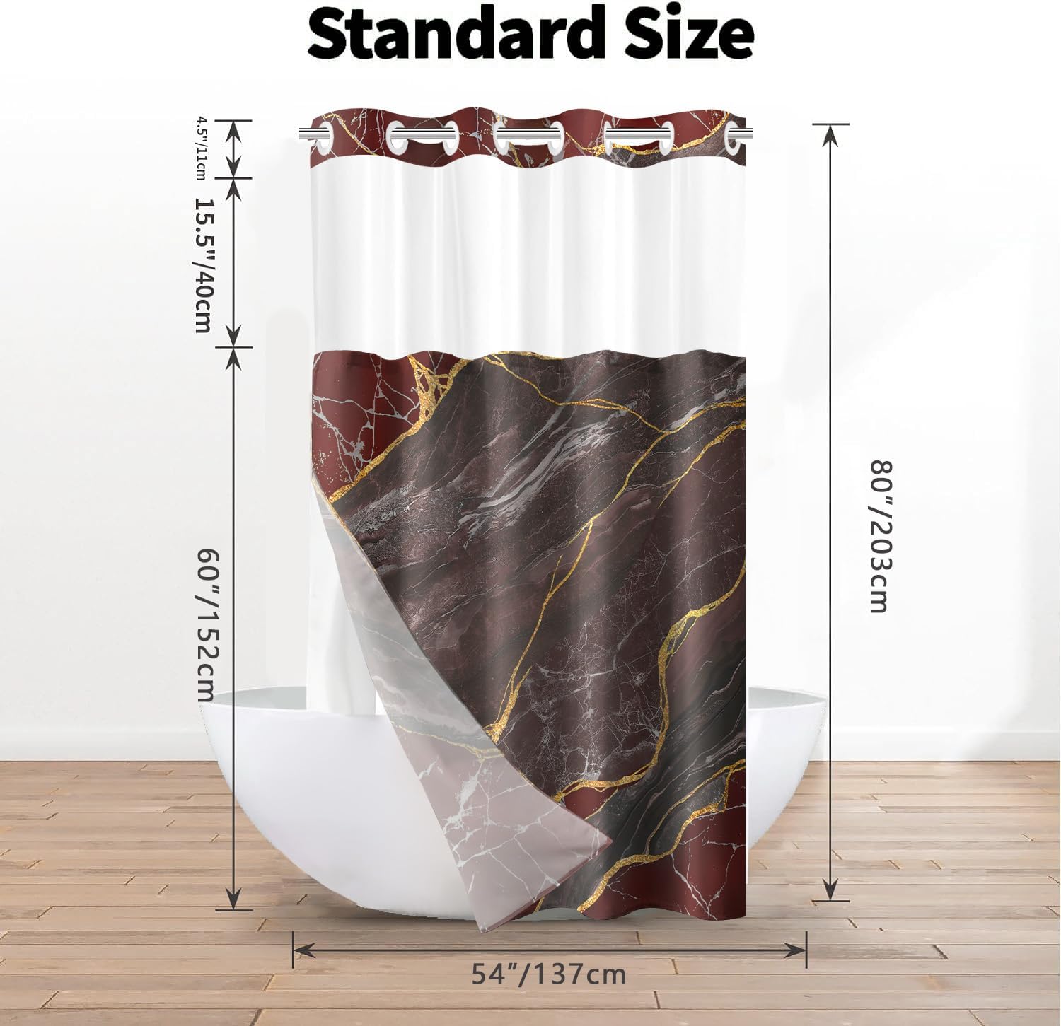 No Hook Shower Curtain with Snap in Liner Set, Red Marble Design, Waterproof Washable Fabric Hotel Shower Curtains for Bathroom Decor with See Through Mesh Top Window 54x80 Inch