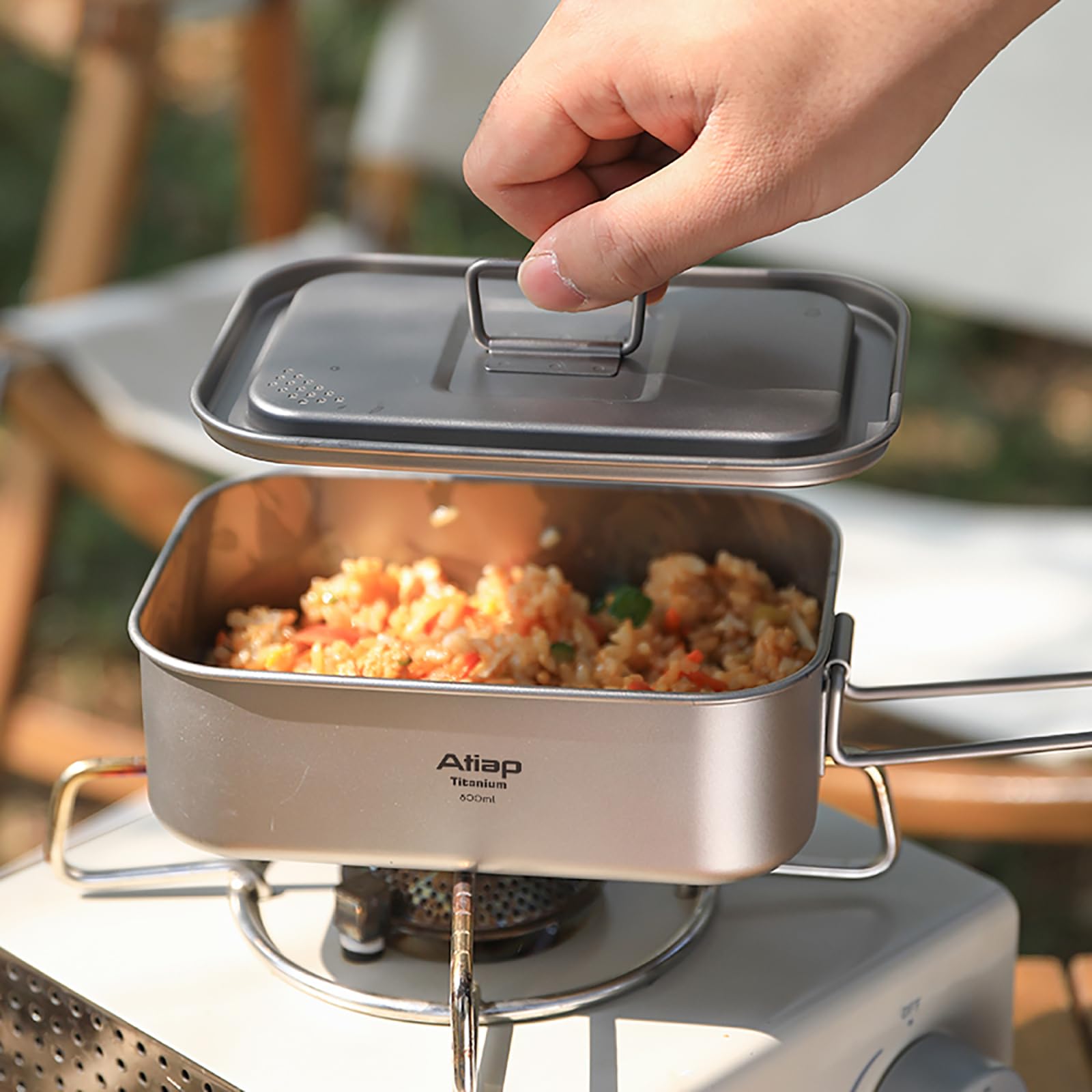 Fiambrera Bento de titanio con tapa, 800 ml, con asa plegable, utensilios de cocina portátiles para camping al aire libre