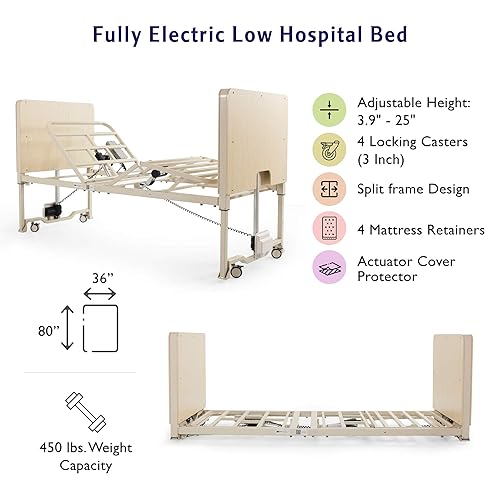 Miniatura 4 de Cama de hospital eléctrica súper baja cama más baja baja al suelo con colchón de espuma de alta calidad y rieles pivote incluidos plegado ultra