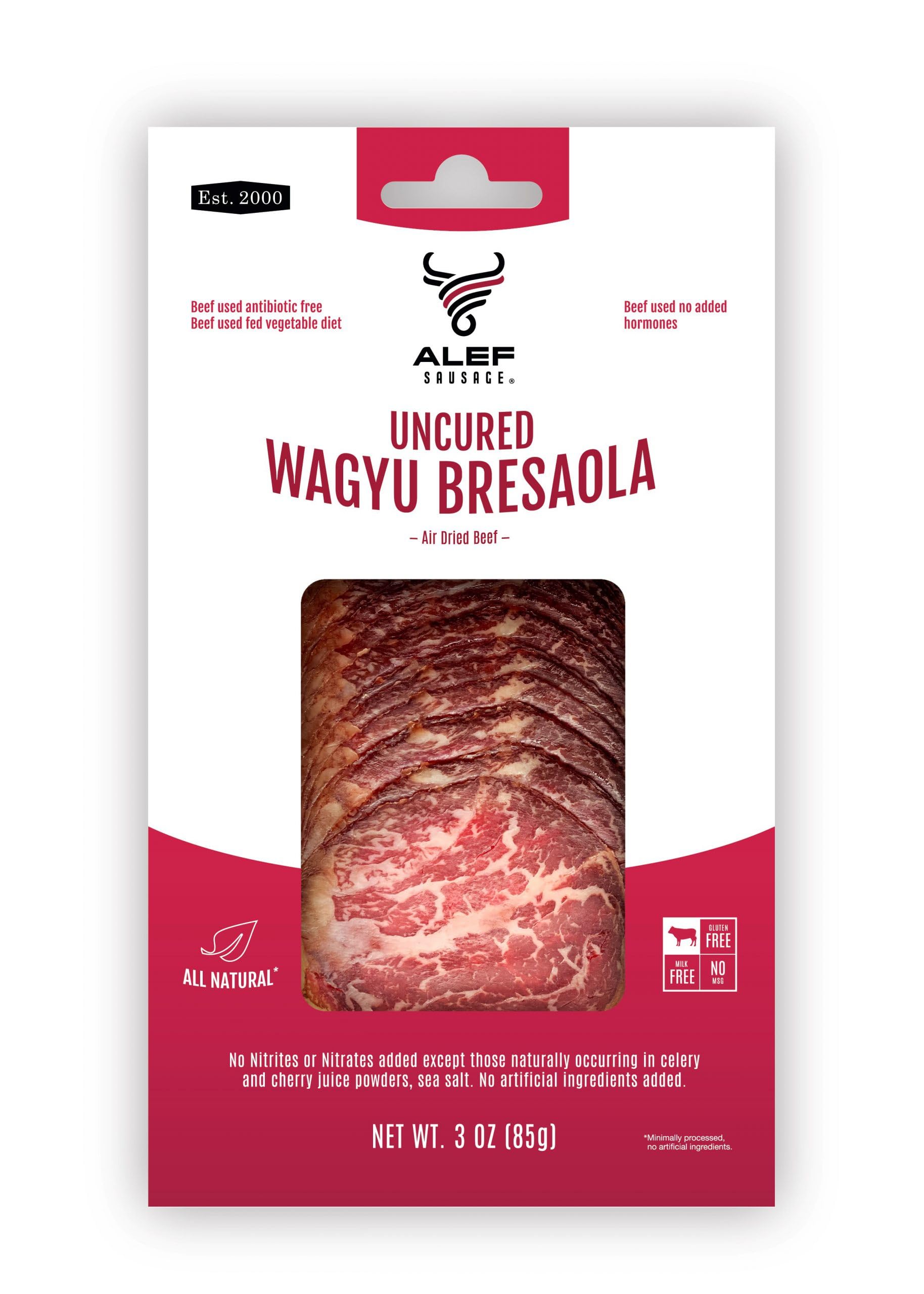 Alef All Natural Uncured Wagyu Bresaola – Premium Italian Salumi, 4-Month Aged, Artisan-Crafted, Gluten-Free, Handmade, Hormone- & Antibiotic-Free, Nitrite-Free, Air-Dried Wagyu Beef Charcuterie, 3oz Pack Of 1 Sliced