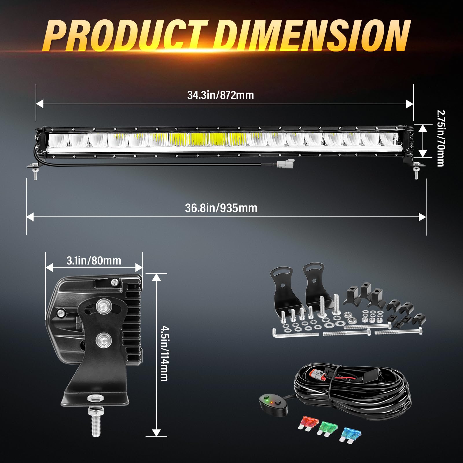 PICAA Barre LED, 34 Pulgadas 87cm 120W Spot Flood combo Barra de luz LED, Luz Diurna Ámbar (DRL), con Kit de Cableado 12V para SUV, Todoterreno, ATV, UTV, tractor, 4x4, coche