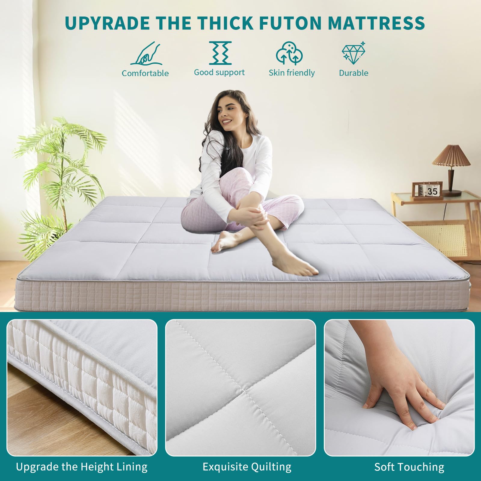 SUNYRISY Japanische Futon Matratze, 200 x 140cm Bodenmatratze Mit Aufbewahrungstasche, Faltbare Tragbar Tatami Gästematratze Klappbett, Grau