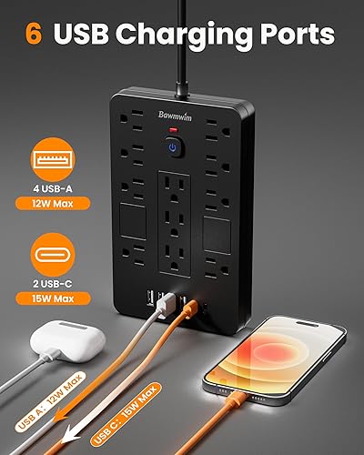 Miniatura 5 de Regleta protectora de sobretensiones, 11 tomas de corriente (1850 W15 A) con 6 puertos USB (2 USB C), cable de extensión de enchufe plano de 6 pies,