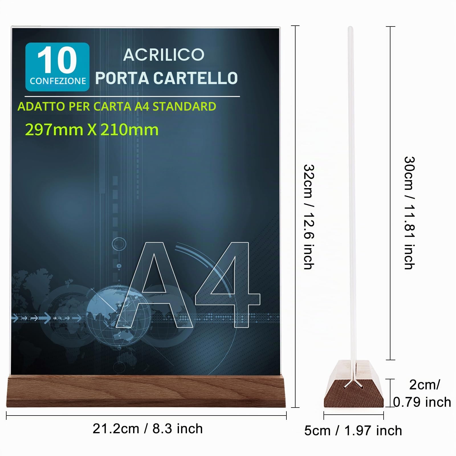 Srvnpioy 10 Pezzi Espositori A4 in Plexiglass, Porta Menu da Tavolo A4 in Acrilico, Supporti menù A4 Portafoto, Porta-avvisi da tavolo per Ristoranti, Hotel, Scuola, Ufficio, Negozi, Promozioni