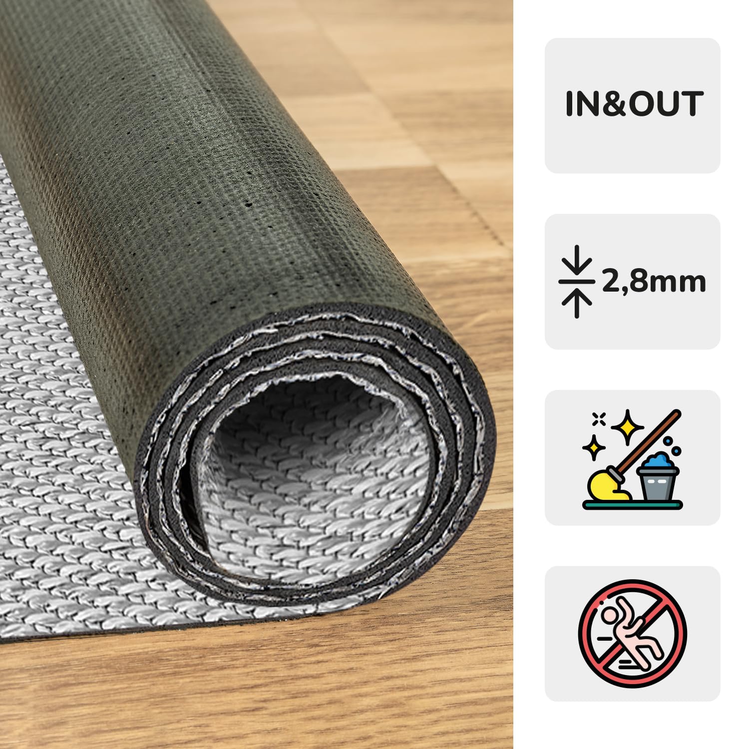 STORESBASIC Alfombra Vinilica Antideslizante, Lavable y Resistente a Manchas, Tejido Trenzado y Sin Pelo, Alfombra de Vinilo Interiores y Exteriores, Gris Lisa 60x200
