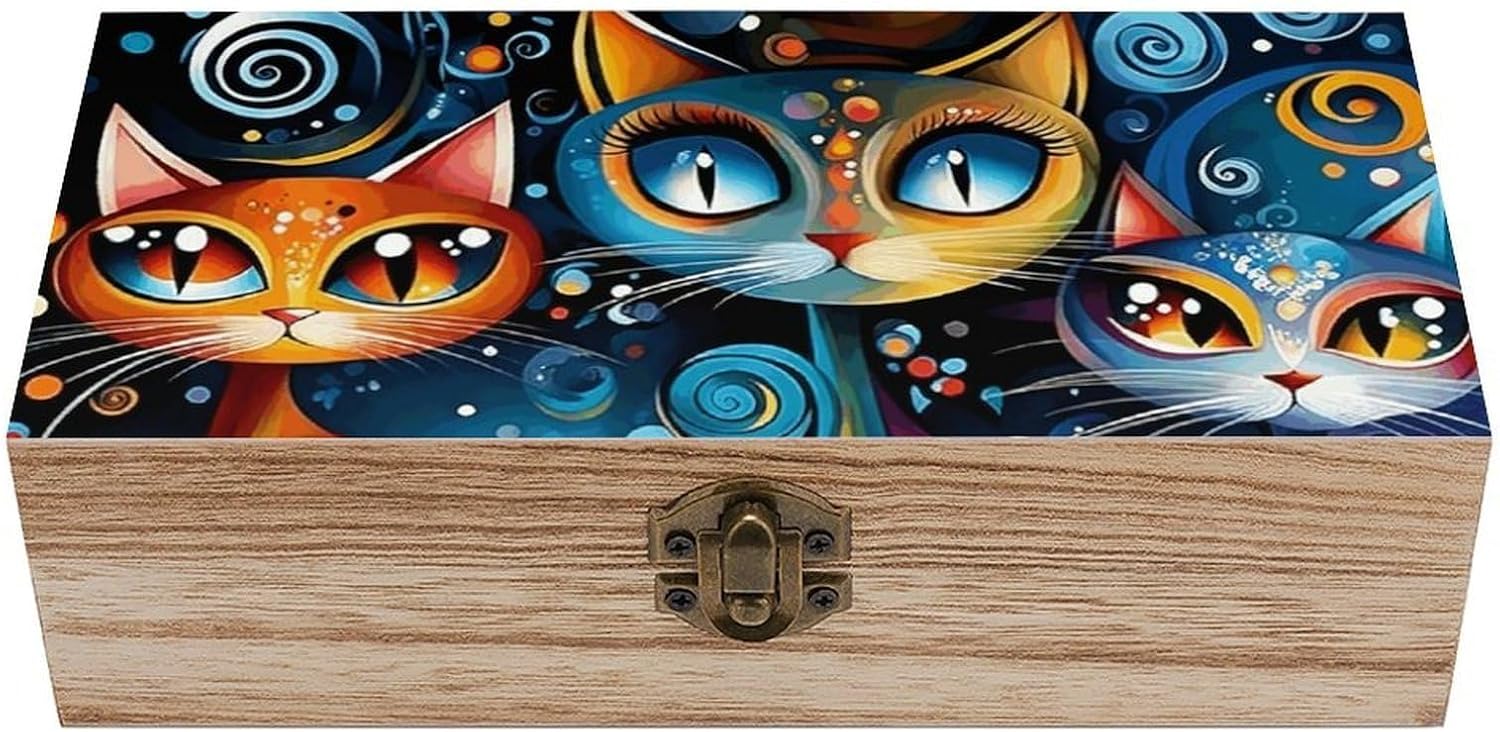 Colorful Abstract Cat Wooden Storage Box with Lid Wooden Case