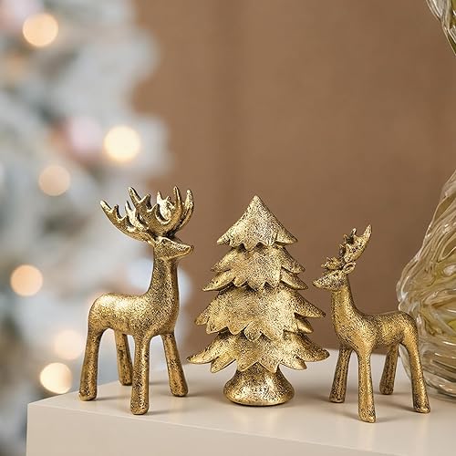 Juego de 3 figuras de reno y árbol de Navidad, decoraciones navideñas de resina dorada con acabado metálico mate, elegante decoración de estatua de