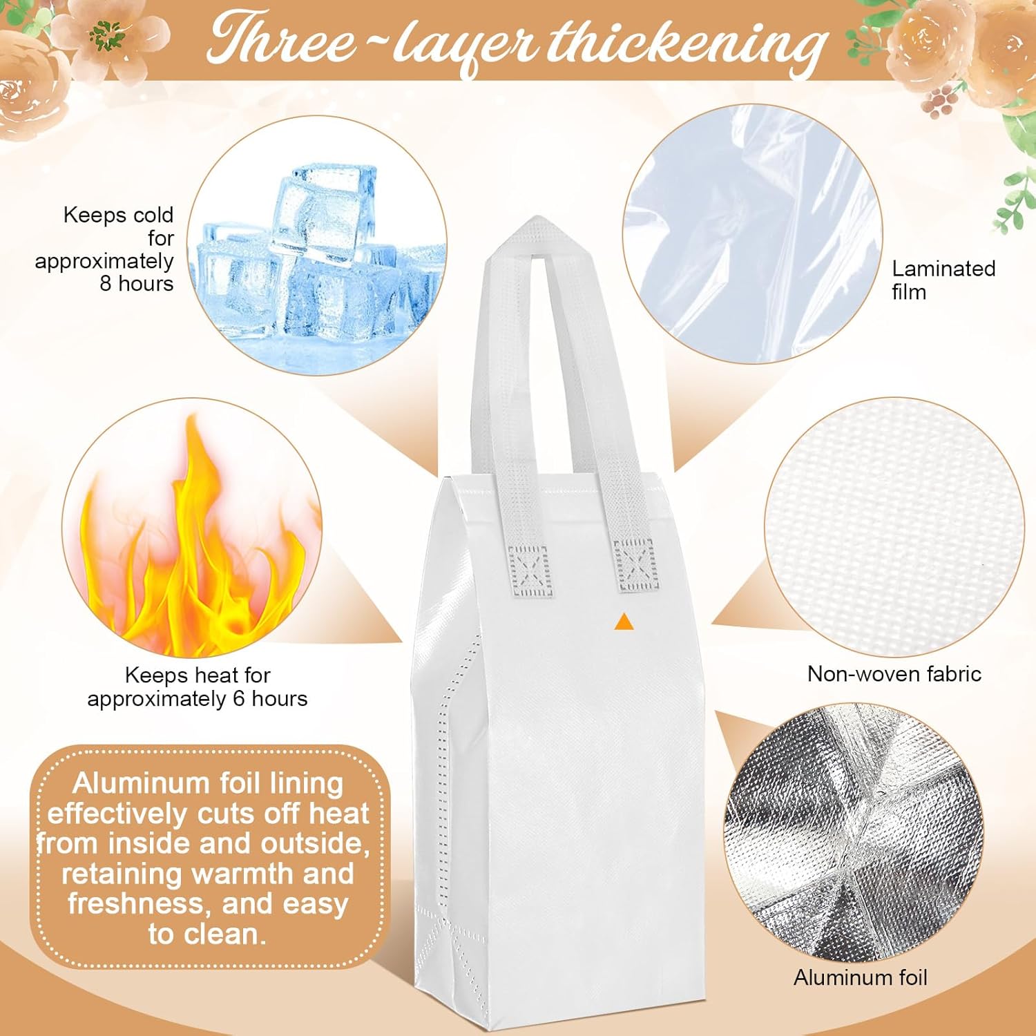 Windyun 100 Pcs Insulated Take Away Bags Bulk Disposable Insulated Lunch Bags for Food Takeaways Coffee Milk Tea Hot Cold Food Fresh Seafood Cooler Restaurant Grocery, 4.7 x 11 x 4 Inches (White)