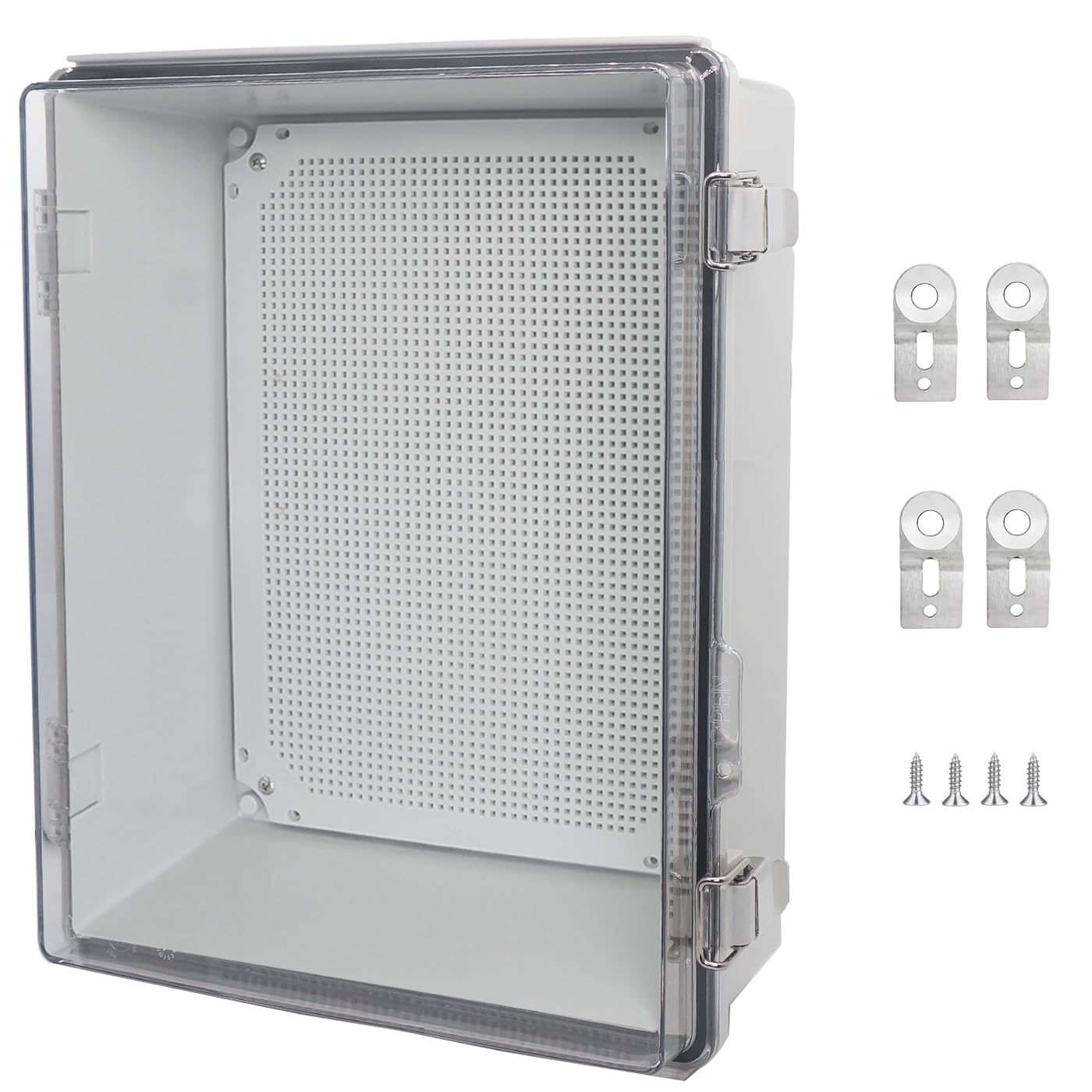 Waterproof Junction Box, ABS Plastic Electrical Box with Stainless Steel Latch, Hinged Cover Electric Project Enclosure Box with Mounting Plate, Wall Brackets,Clear 15.7"x11.8"x7.1