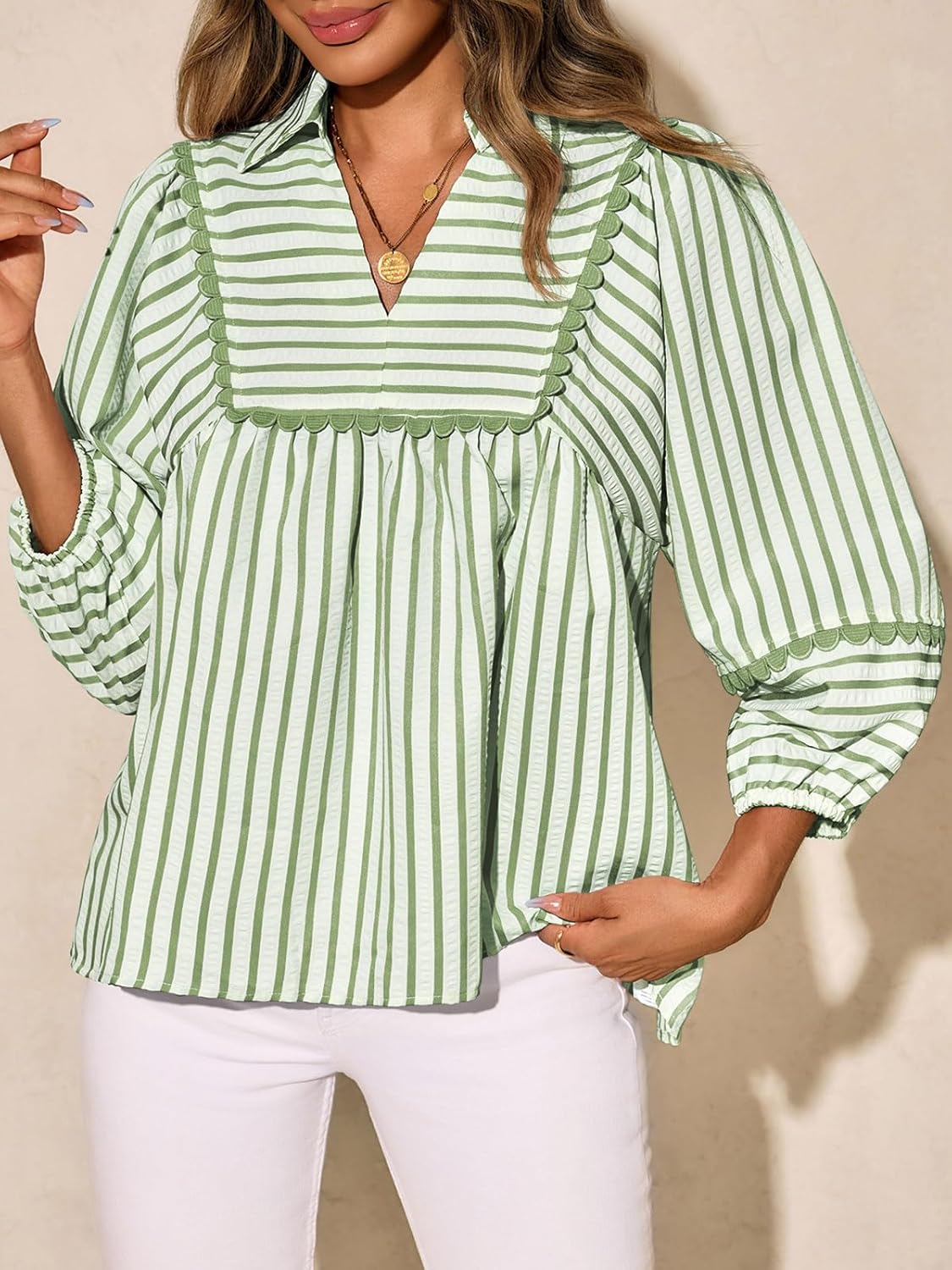 Tankaneo Womens Striped Babydoll Tops Oversized 3/4 Sleeve Peplum Blouse Loose Fit Pleated Cute Shirts - Image 3