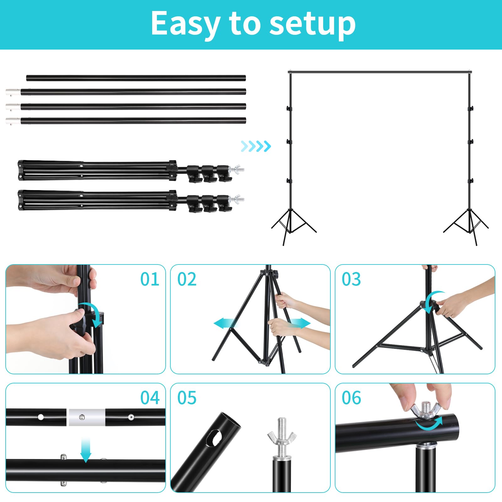Clevich Soporte de Fondo, Sistema de Fondo Ajustable de 2,6 x 3 m, Marco de Fondo con 8 Pinzas de Fondo, 2 Bolsas de Arena y Bolsa de Transporte para fotografía de Productos, Retratos, Fiestas, Bodas