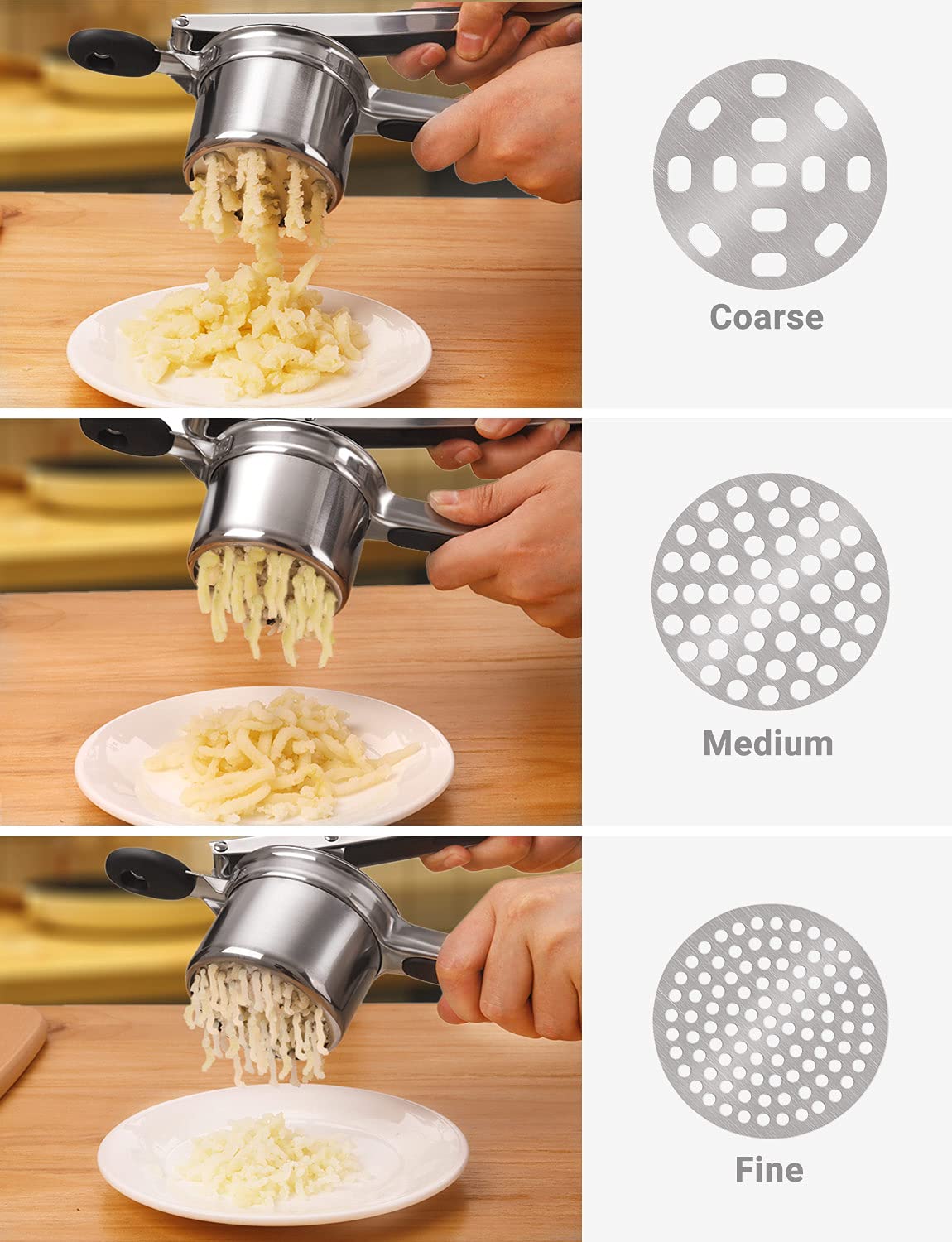Arricer de patatas, de acero inoxidable, para frutas y verduras, triturador de alimentos de gran capacidad con 3 discos intercambiables y taza interior