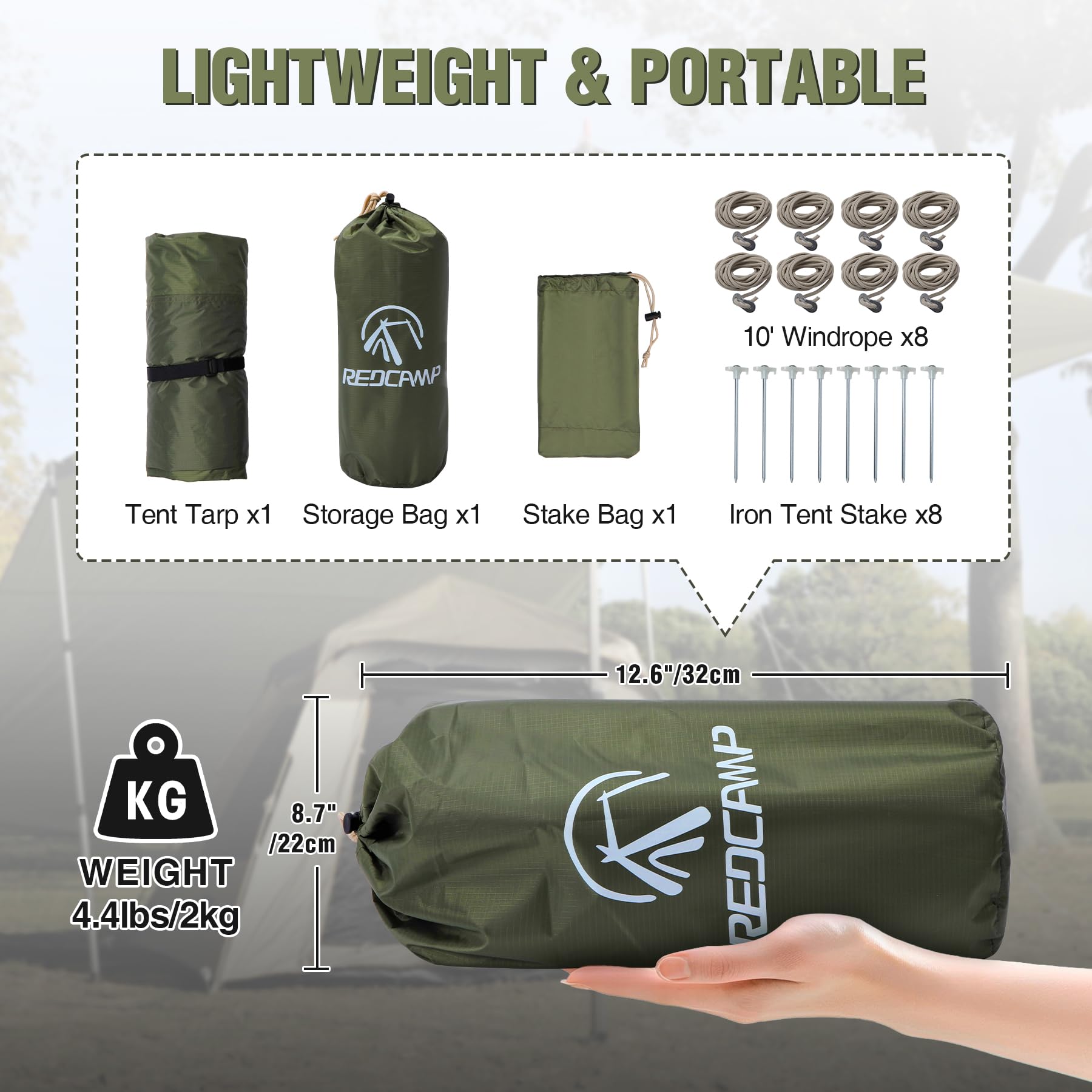 REDCAMP Bâche de Protection imperméable pour hamac - 3 x 4,9 m - Légère - pour randonnée en Plein air - Vert