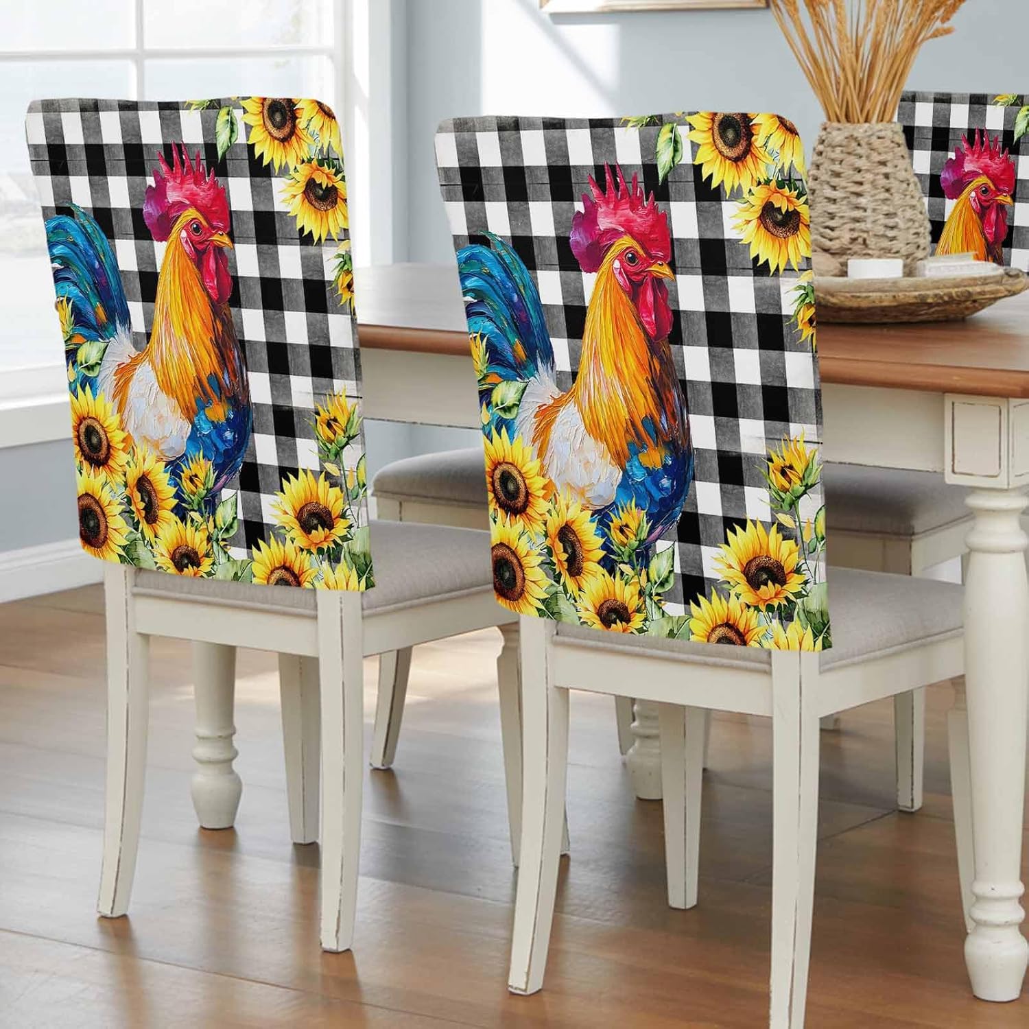 4 Pack Chair Back Covers, Watercolor Rustic Rooster Sunflower Dining Room Chair Cover Washable Chair Slipcover Back Chair Protector for Holiday Party Kitchen Home Black White Buffalo Check