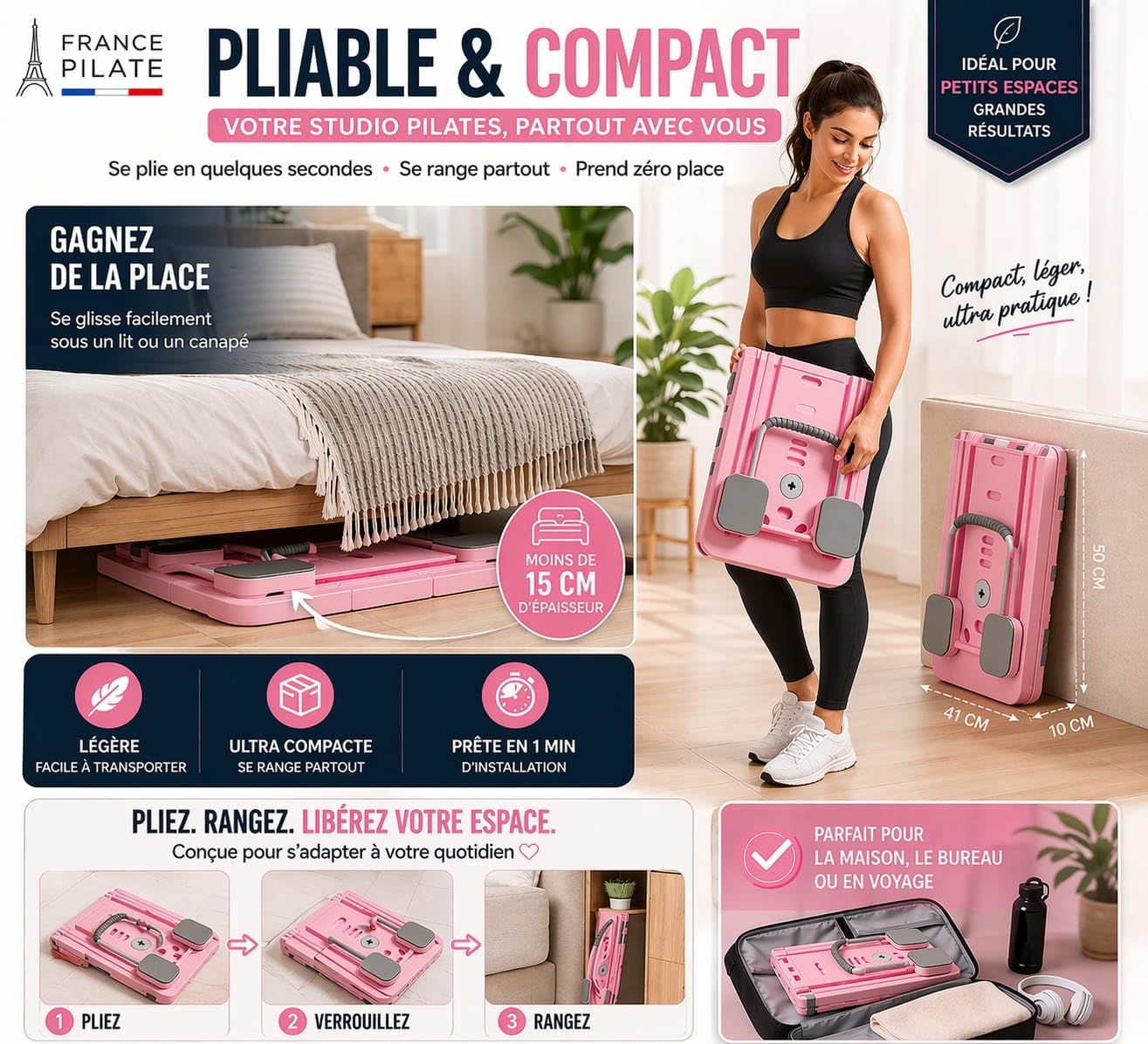 Pilates Reformer Pliable – Machine Pilates Maison Compacte avec Résistance Réglable, Planche Pilates Multifonction Full Body, Kit Accessoires Inclus + E-Book d’Exercices Offert