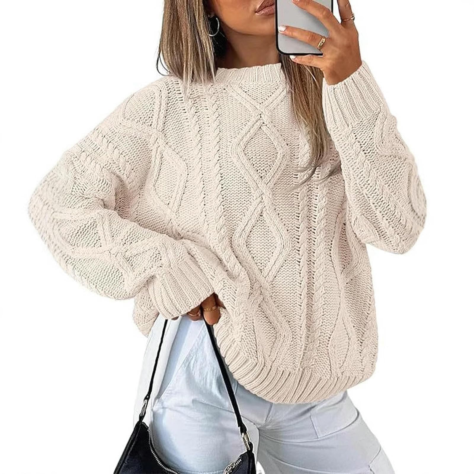 Maglione da Donna A Trecce con Scollo Tondo, Pullover Elegante, Versatile Maniche Lunghe-Rosa-m