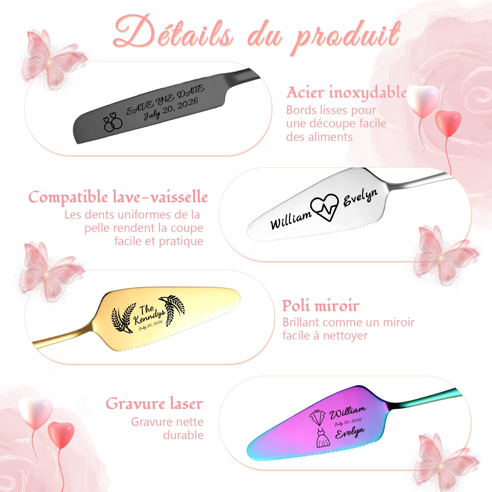 Couteau et Pelle à Gâteau de Mariage Personnalisé – Ensemble Couvert Témoin en Acier Inoxydable avec Gravure Originale – Idéal pour Anniversaire, Da (Noir)