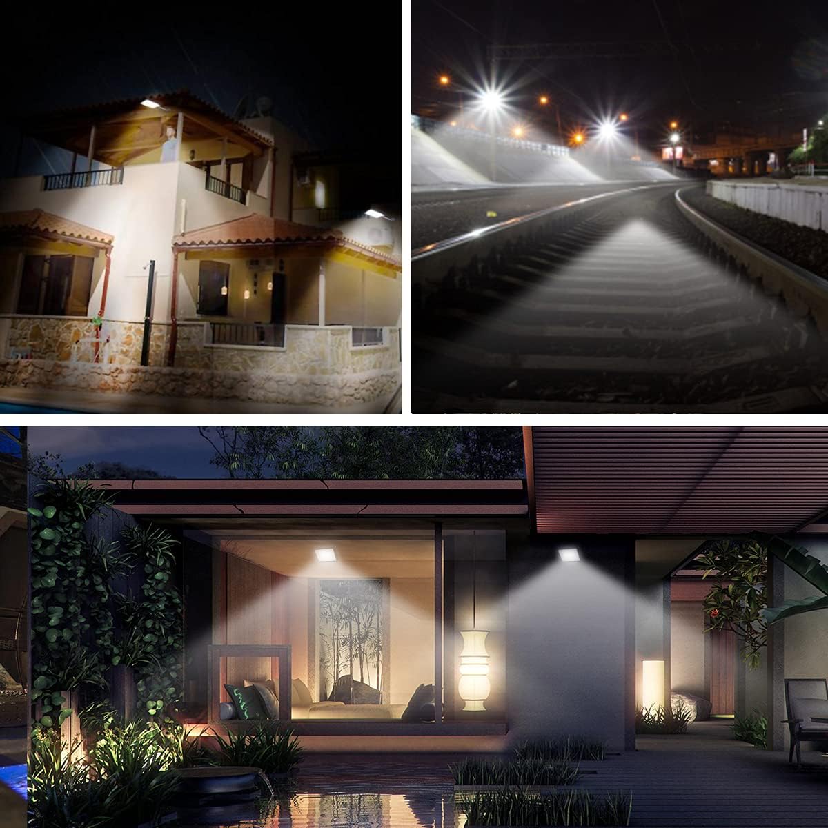 Various application scenarios for the LED floodlight, including illuminating a house, a road, and a patio