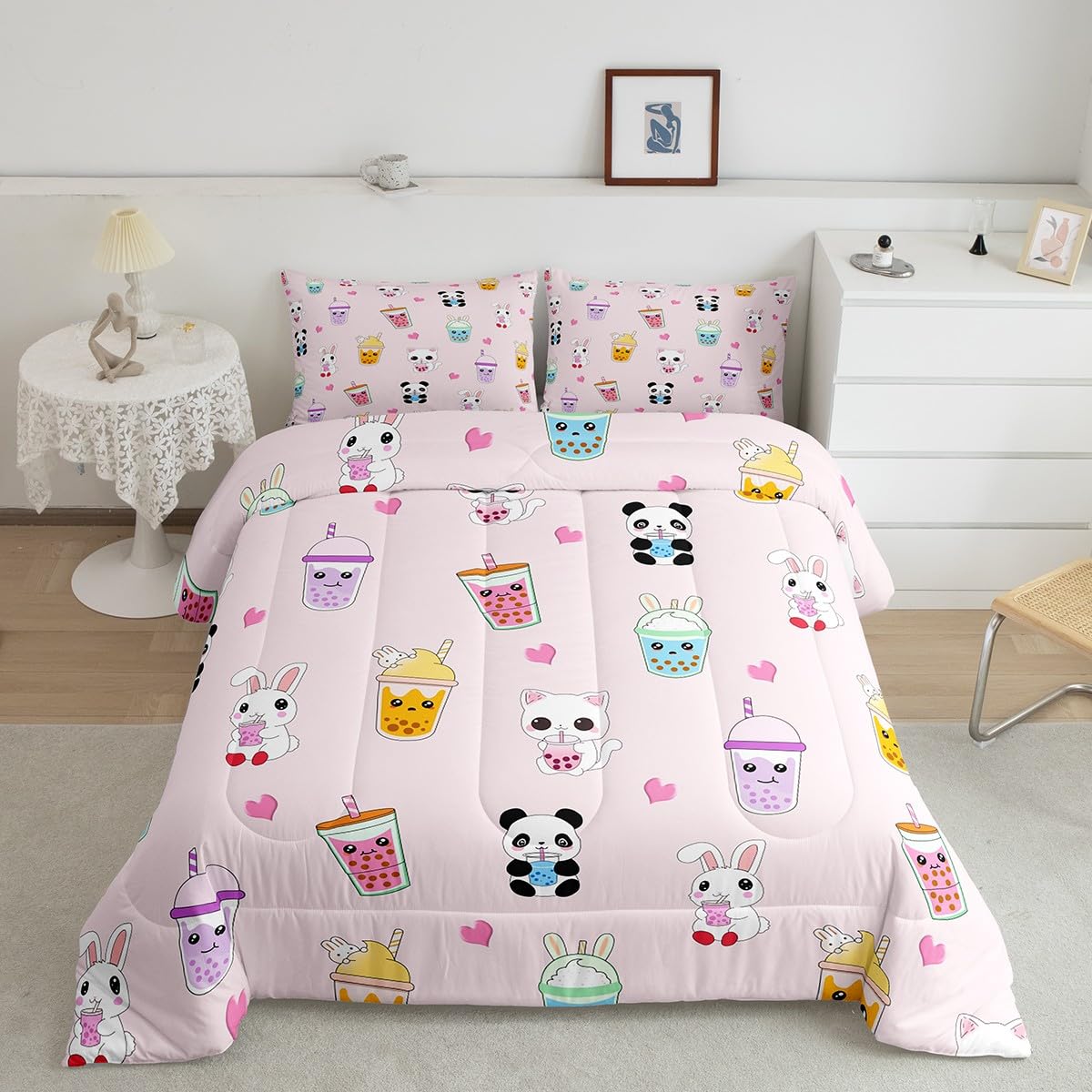 Feelyou Cartoon Milk Tea Bedding Set Queen Size, Kids Cute Panda Comforter Set Kitten Cat Comforter Rabbit Duvet Insert 3Pcs