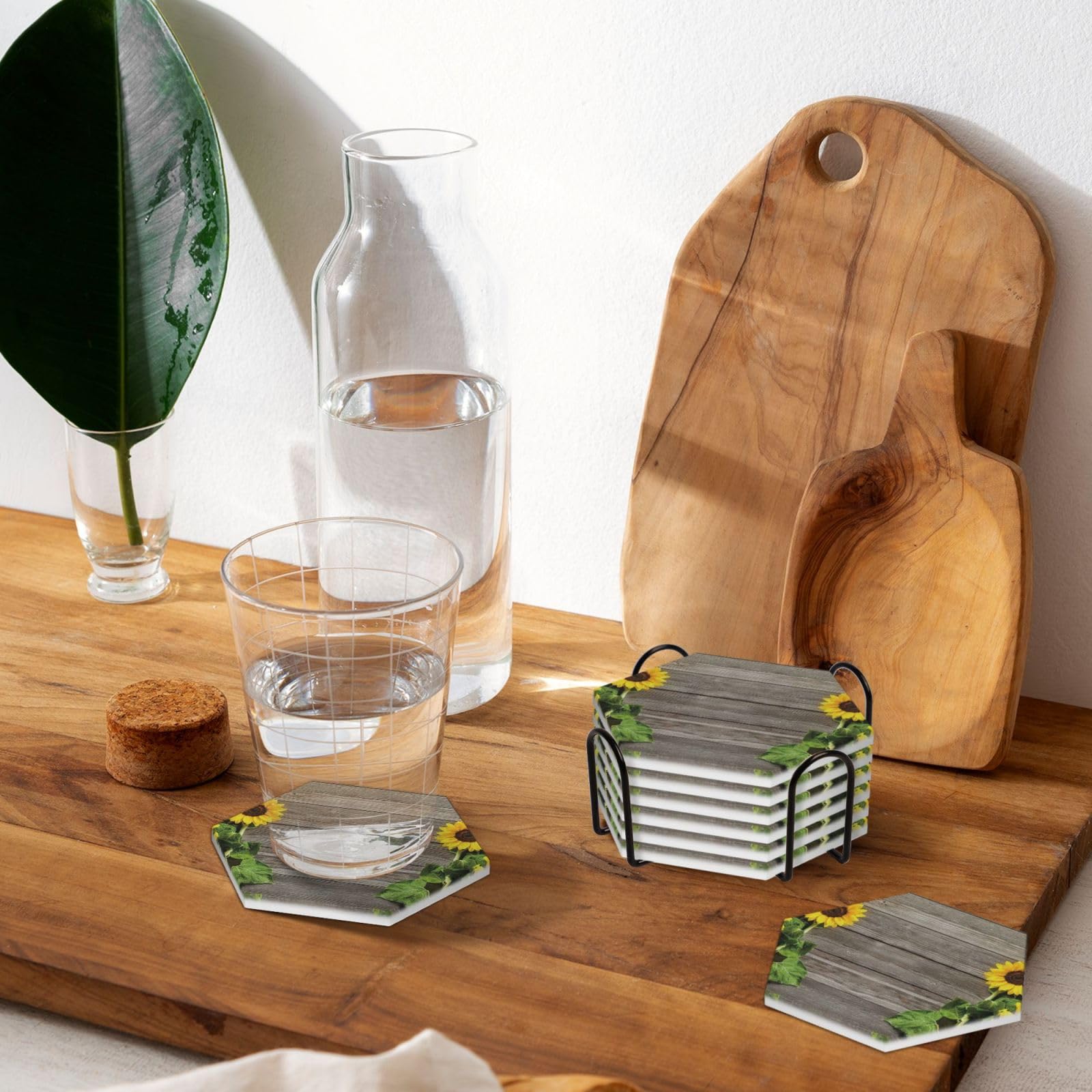 Lot de 6 sous-verres décoratifs en céramique avec motif tournesols