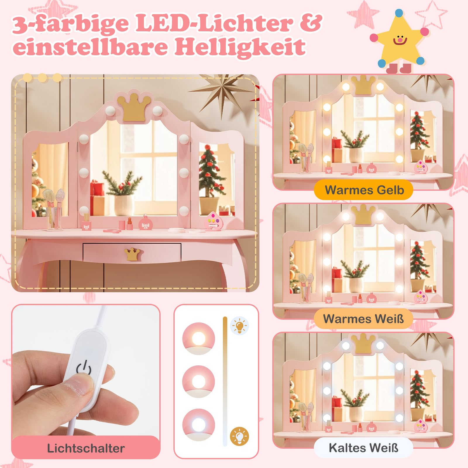 DREAMADE Schminktisch Kinder mit Hocker & Schublade, Prinzessin Frisiertisch Kosmetiktisch mit abnehmbarem Spiegel & Kippsicherung, Kinderschminktisch für Mädchen aus Holz (Rosa-mit Beleuchtung)