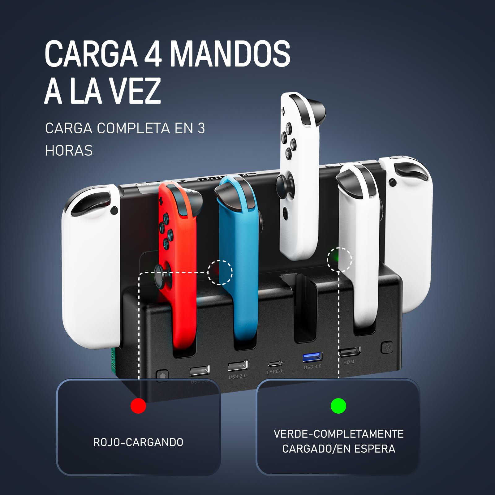 Switch TV Dock, Dock Switch Compatible con Nintendo Switch/OLED Cargador de Joypads, Base Switch con 4K/1080P HDMI, Carga Docking Station Multifuncional 7 Colores LED/Puertos USB 3.0, Negro