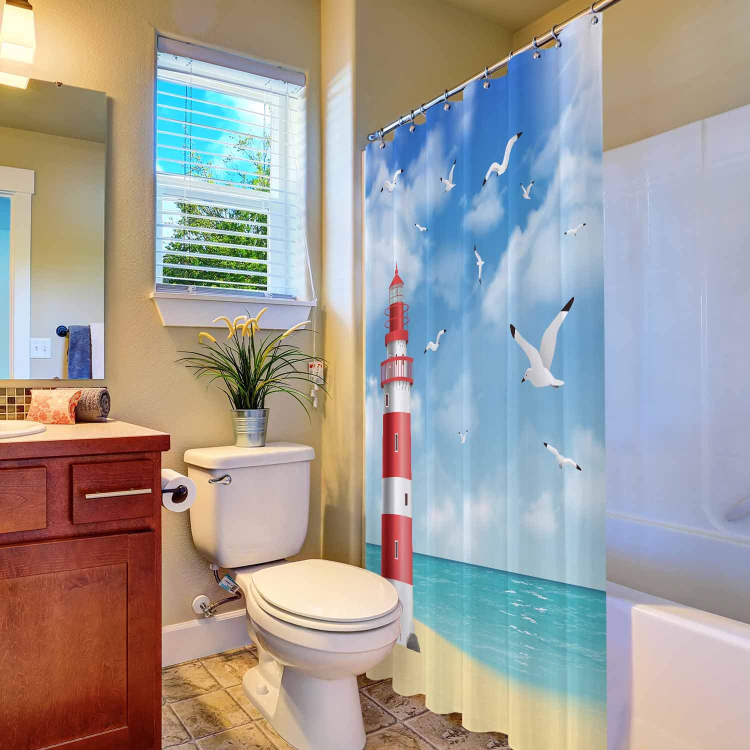 Woutay Shower Curtain Mould Proof Resistant Lighthouses on The Beach,Water Repellant Fabric,Polyester,with 12 Plastic Hooks - Image 4
