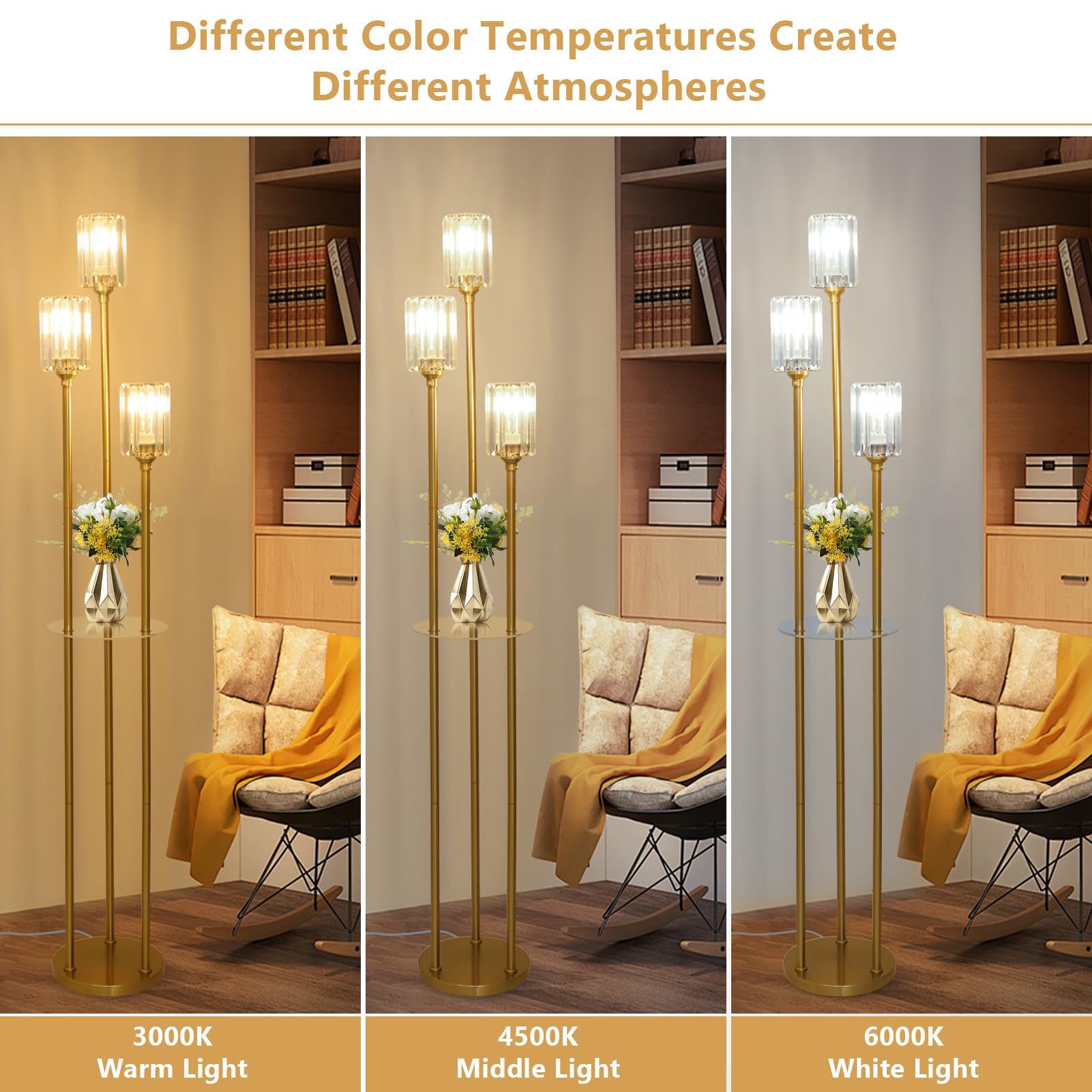 Rayofly Gold Stehlampe Wohnzimmer, Modern Stehlampe mit Regal, 3-flammige Vintage Stehleuchte mit Glas Lampenschirm & Fußschalter, Kristall Stehlampen für Schlafzimmer Büro, Glas Stehlampen Wohnzimmer
