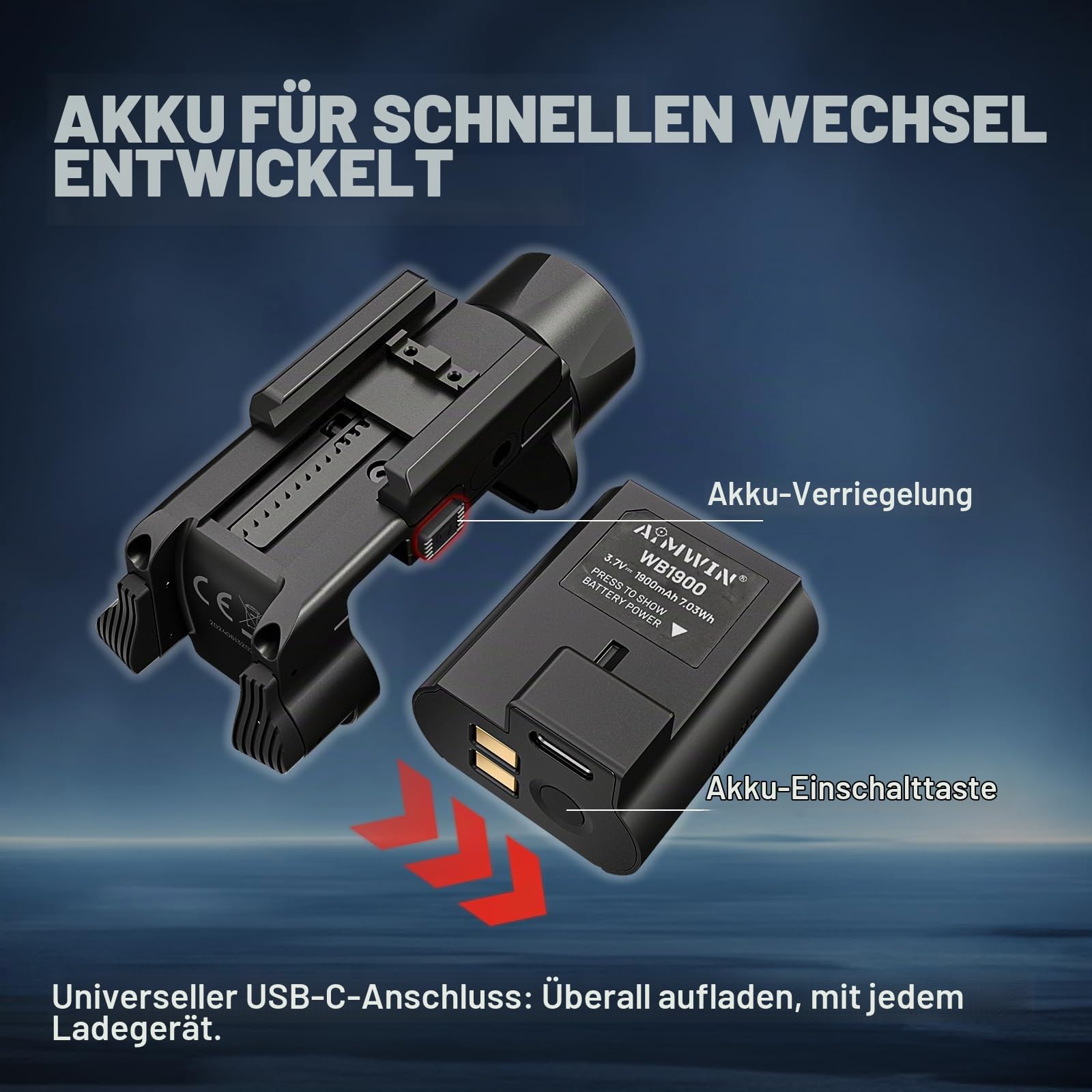 AIMWIN WL20 LED-Lampe, 2000 Lumen, wiederaufladbar, USB-C, lange Reichweite, 412 m, mit Stroboskop-Modus, kompatibel mit GL/Picatinny Schiene