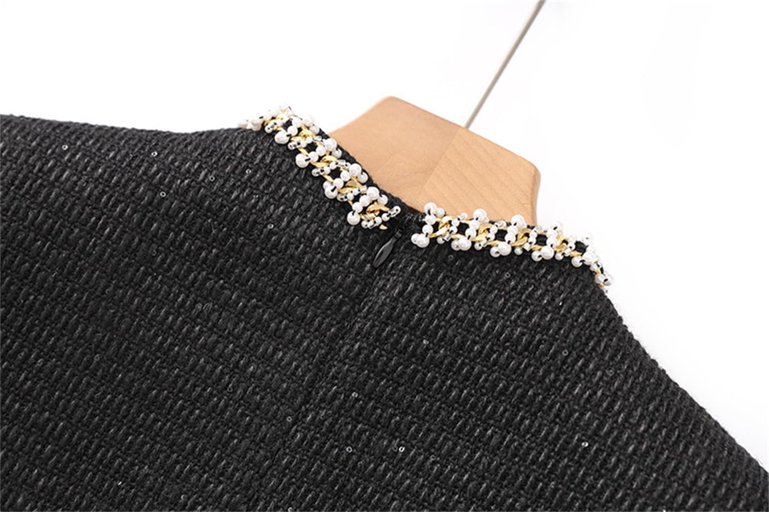 Women's Short Sleeve Tweed Dress Pearl Trim Mock Neck Bodycon Mini Dresses for Formal Occasions Evening Parties - Image 6