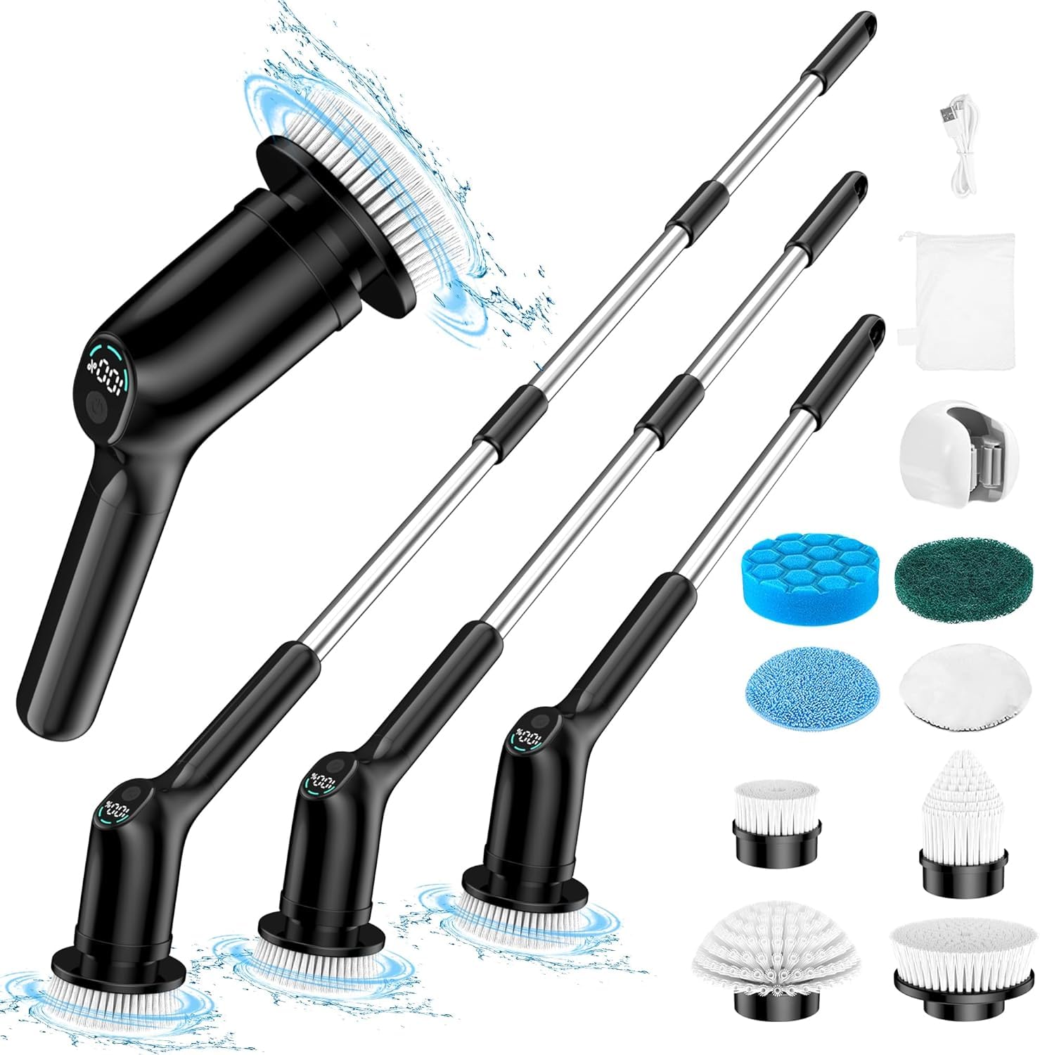 Electric Spin Scrubber, 2024 Upgrade Cordless Shower Scrubber with 8 Replaceable Brush Heads and 3 Adjustable Speeds, LED Screen and Extension Handle (Black)