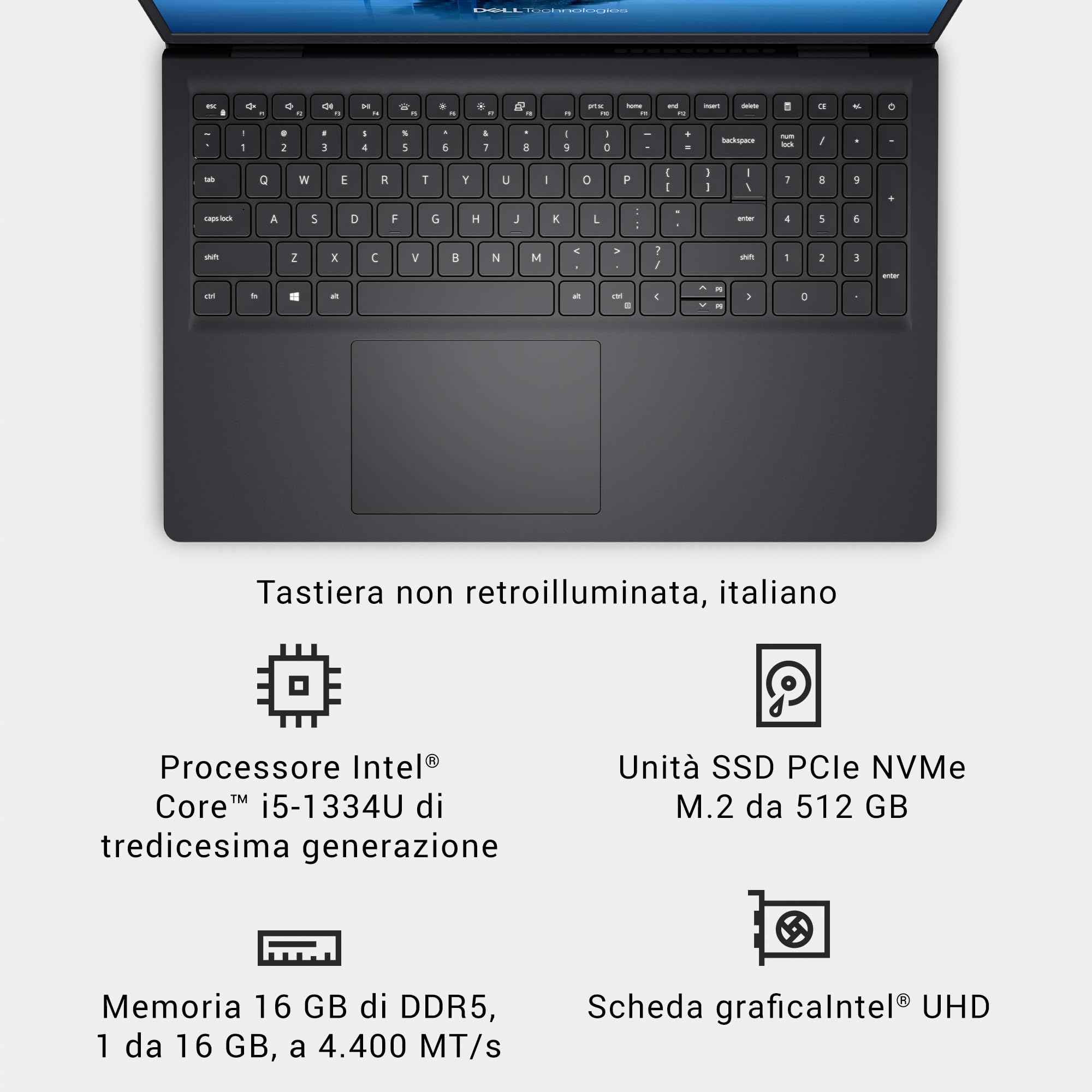 Dell 15 Laptop DC15250, 15,6" FHD 120Hz Antiriflesso, Intel Core i5-1334U, 16GB RAM, 512GB SSD, Intel UHD, Windows 11 Home, QWERTY Italiano, Carbon Black (Caricatore venduto separatamente)