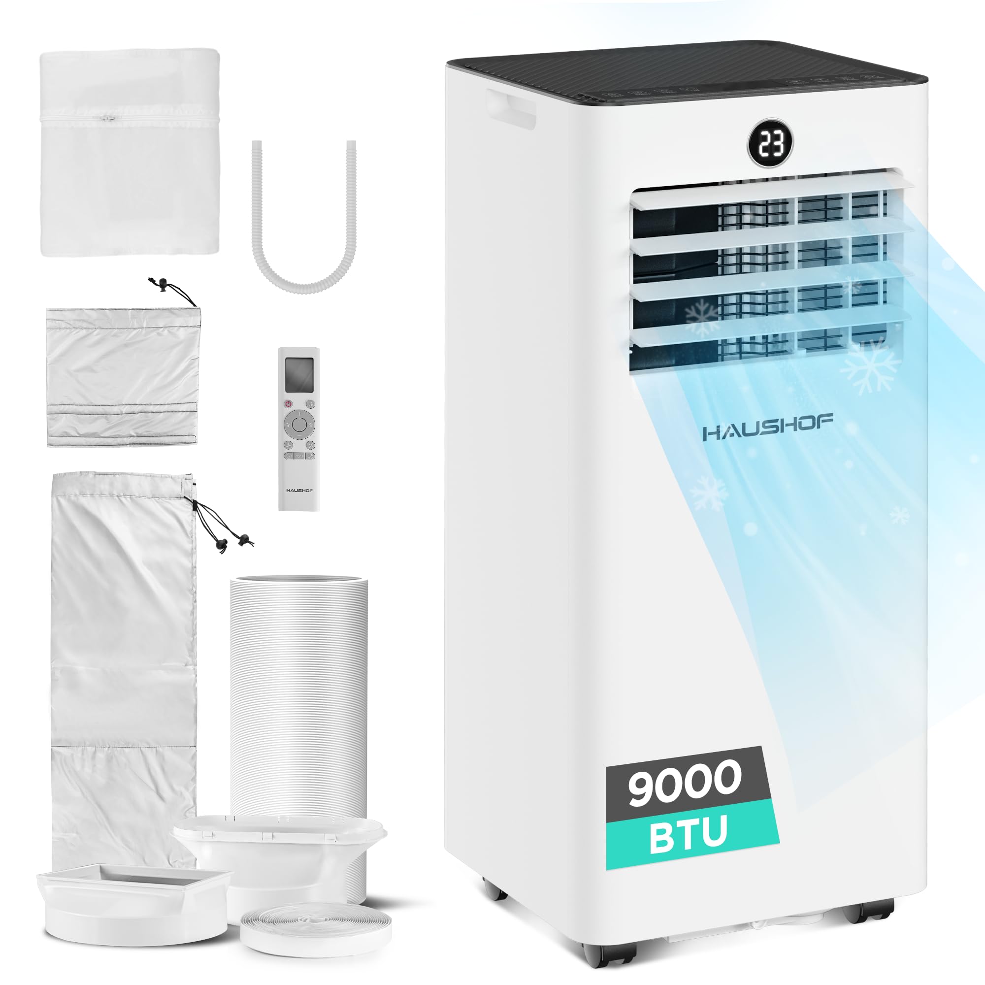 HAUSHOF Mobile Klimaanlage 9000 BTU, 4-in-1 Klimagerät mit Abluftschlauch & Isolierhülle, Kühlen/Entfeuchten/Ventilieren/Nachtmodus, 330 m³/h, mit Fensterdichtungsset, für Räume bis 30 m²